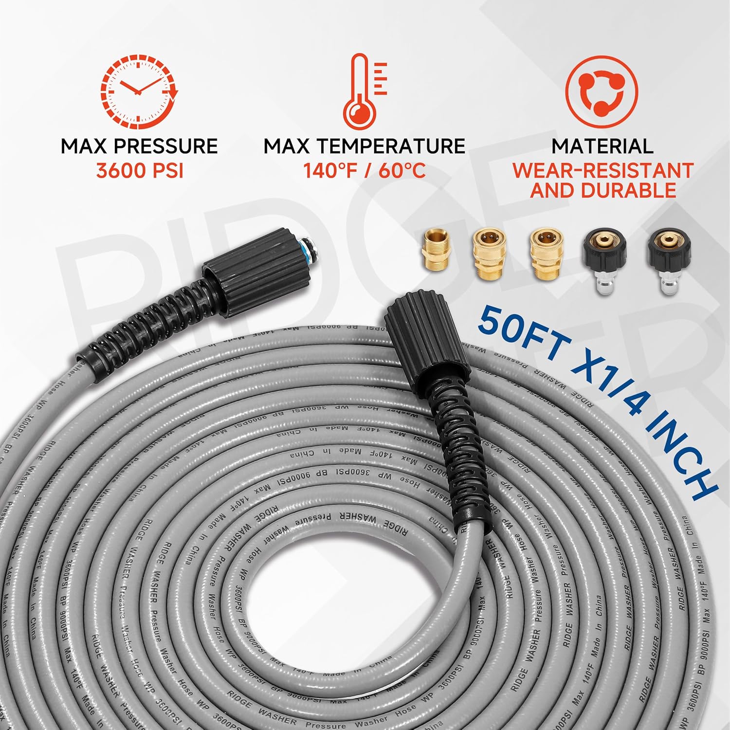 RIDGE WASHER Pressure Washer Hose 50FT, 1/4 Inch Power Washer Hose with M22 14 Fitting, Kink Resistant Hoses Replacement’s Applied for Most Pressure Washer Accessories, 3600 PSI