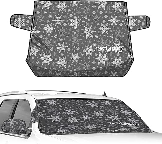 FrostGuard Plus Winter Windshield Cover with Built-in Security Panels and Wiper Blade Coverage + Mirror Covers - Weather Resistant; Protects from Snow, Ice and Frost (Snowflake, XL)