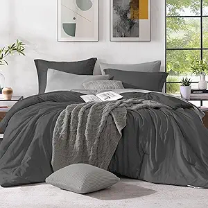Monbix King Size Comforter Set, Dark Grey King Size Bed Set Reversible 7 Pieces, Cationic Dyeing Bed in a Bag with Comforter, Sheets, Pillowcases & Shams
