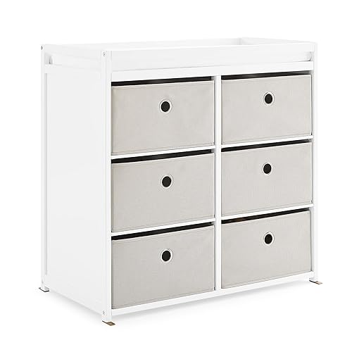 Delta Children Hayes - Cambiador y tocador para dormitorio con 6 cajones de tela, color blanco biancacontenedores de lino