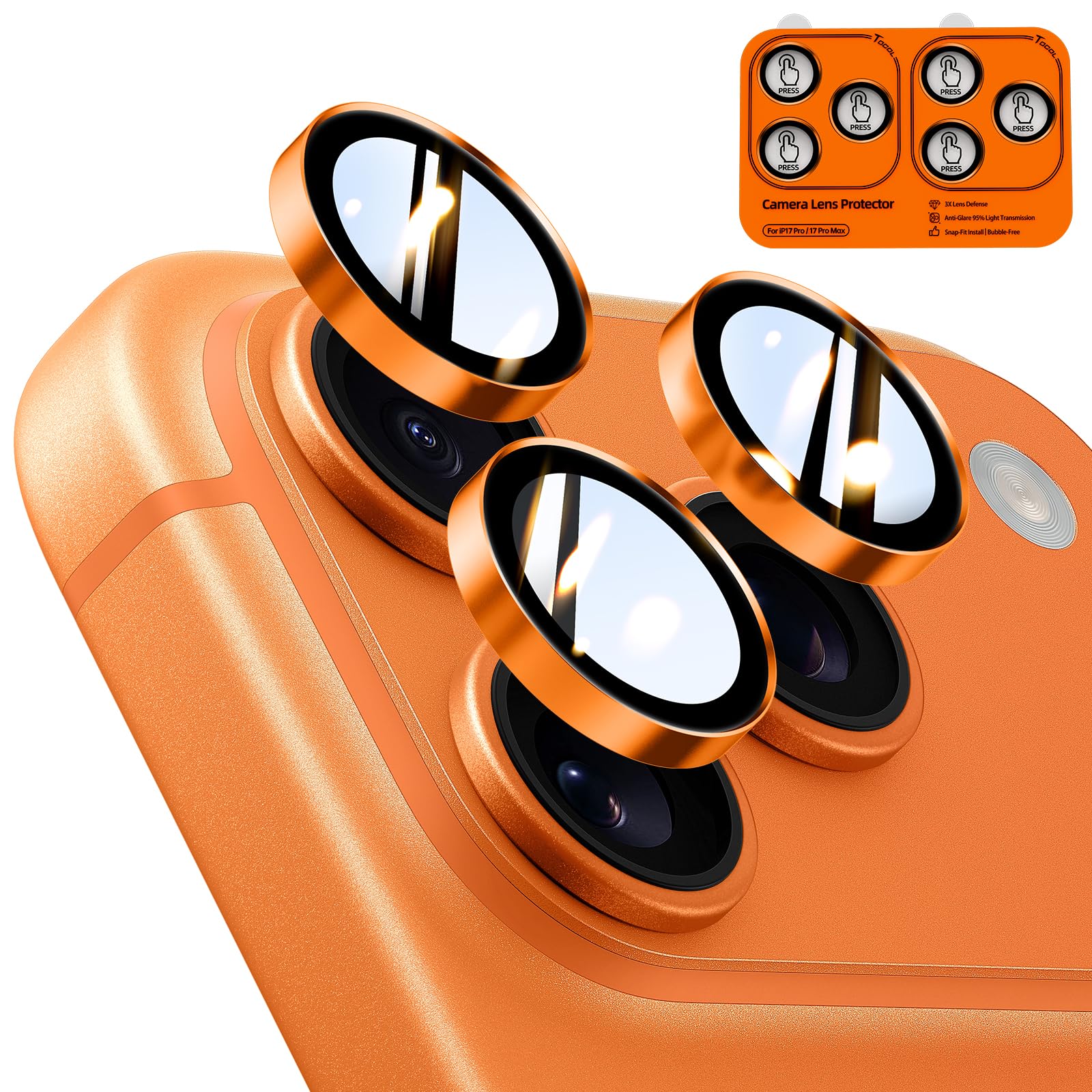TOCOL Camera Lens Protector for iPhone 17 Pro Max/iPhone 17 Pro Tempered Glass HD Individual Scratch Resistant Camera Cover Accessories Case Friendly 2 Pack（Orange）