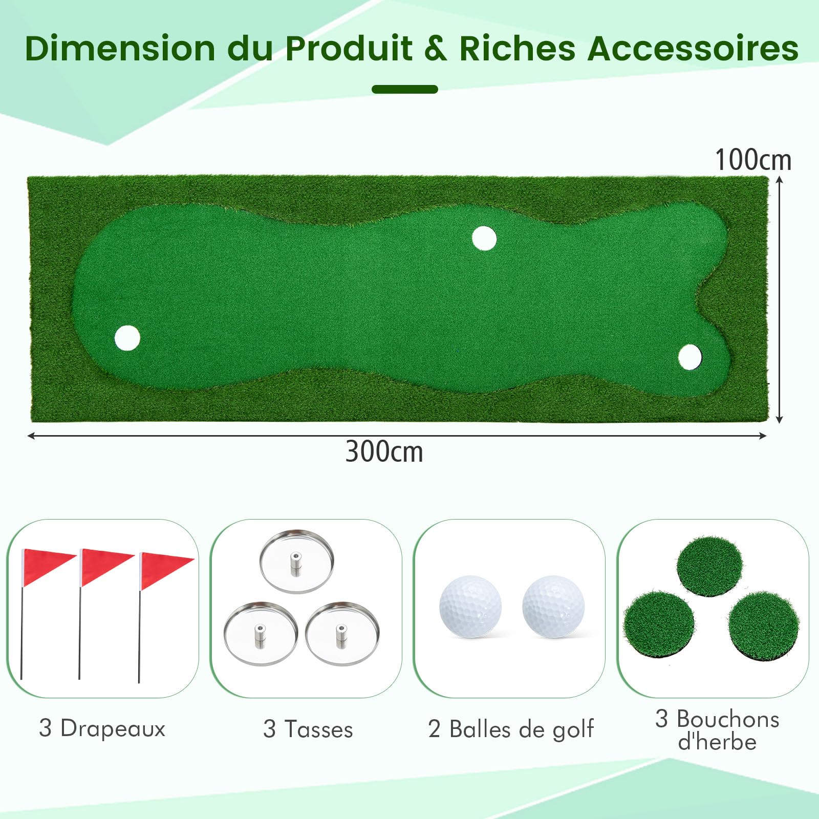 GOPLUS - Alfombra de Golf para Putting (3 x 1 m), Gran Alfombra de Entrenamiento de Golf, 3 Agujeros, 3 Copas y Banderas de Ayuda al Entrenamiento, Interior Exterior