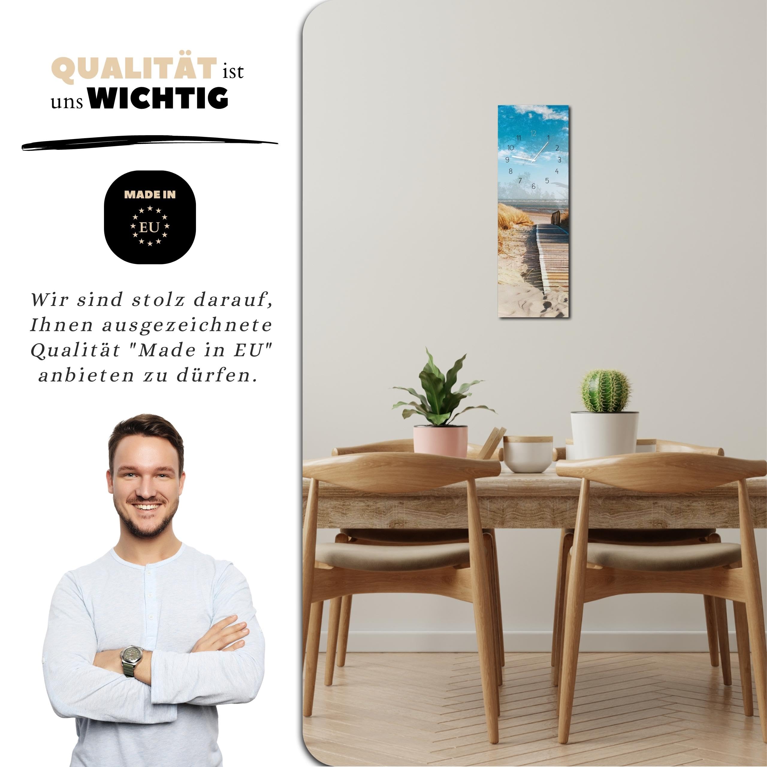 Wanduhr Sunny Beach 20 x 60 cm (OHNE TICKGERÄUSCHE) – Glasuhr inklusive Wandaufhängung – Lautlose Uhr Made in EU für Wohnzimmer, Esszimmer, Flur oder Schlafzimmer – einfache Montage