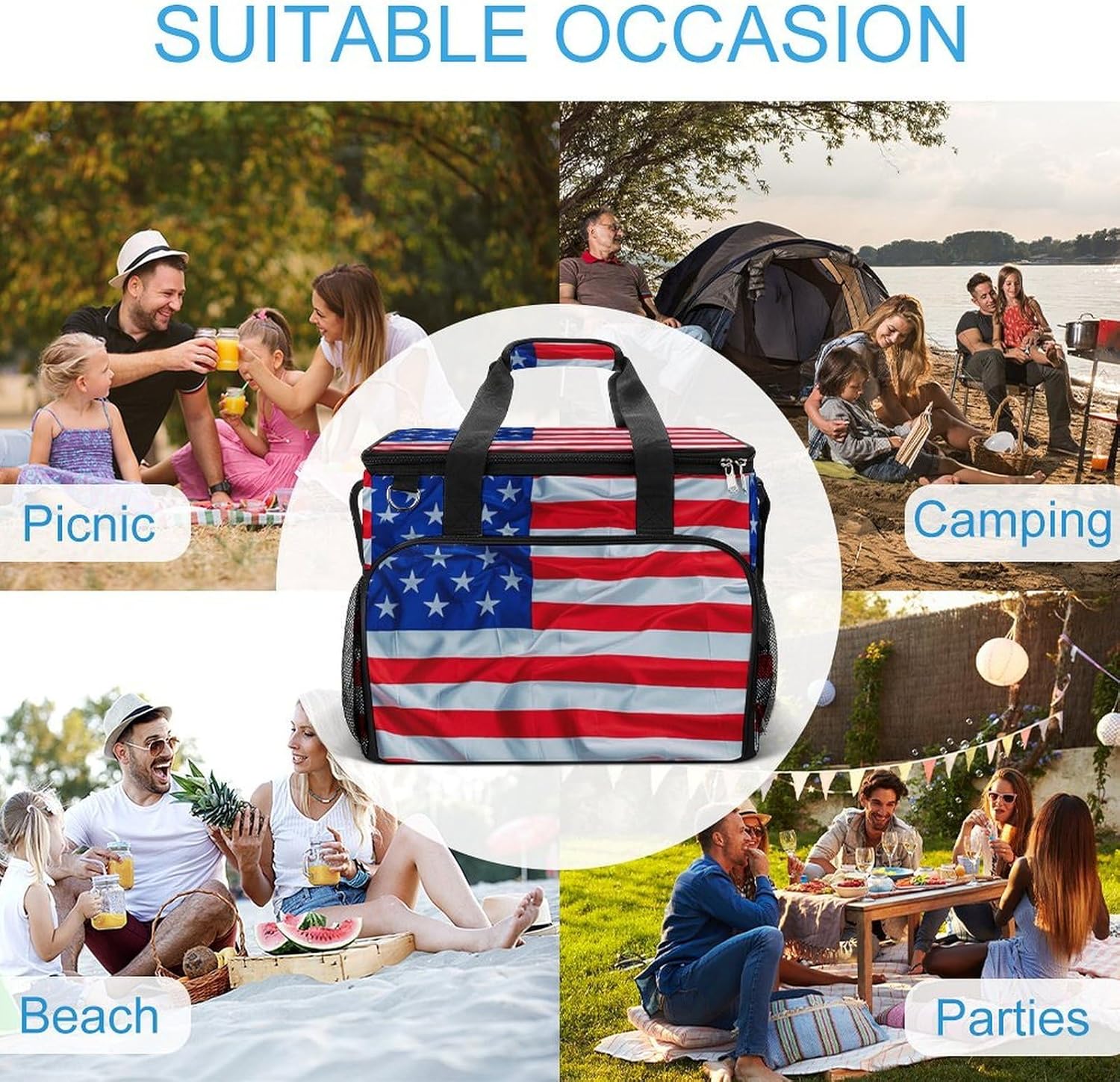 Insulated Picnic Backpack Tote Bag, Large Capacity 30L Flag Pattern Cooler Bag Leakproof Beach Bags Portable Lunch Box Waterproof Picnic Basket for Beach Camping BBQ