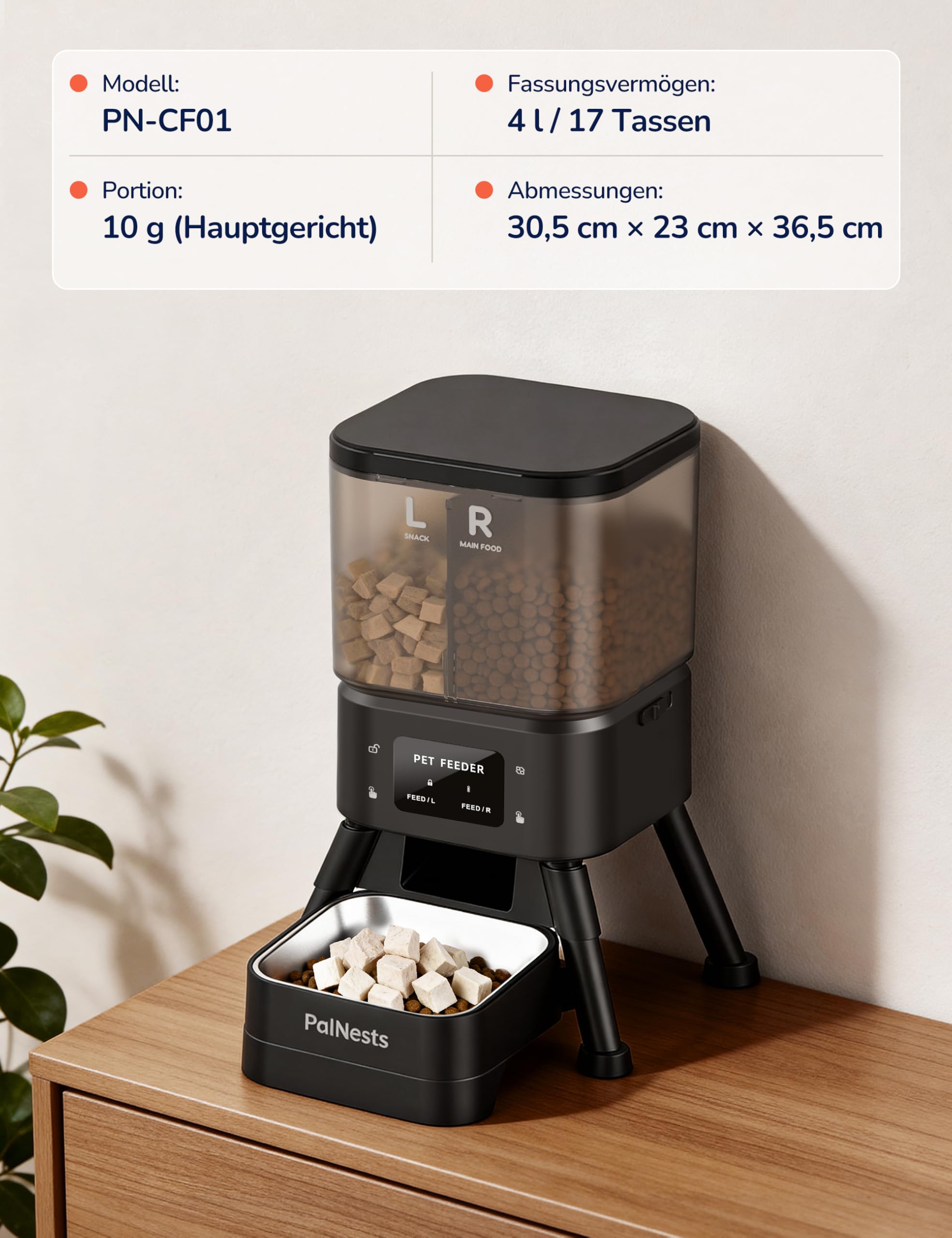Futterautomat Katze 4L, PalNests Katzenfutter Automat Kabellos 2,4G&5G WiFi, Automatisierte Futterspender mit Programmierbarem Timer, Futterspender für Katzen/Hunde mit APP-Steuerung