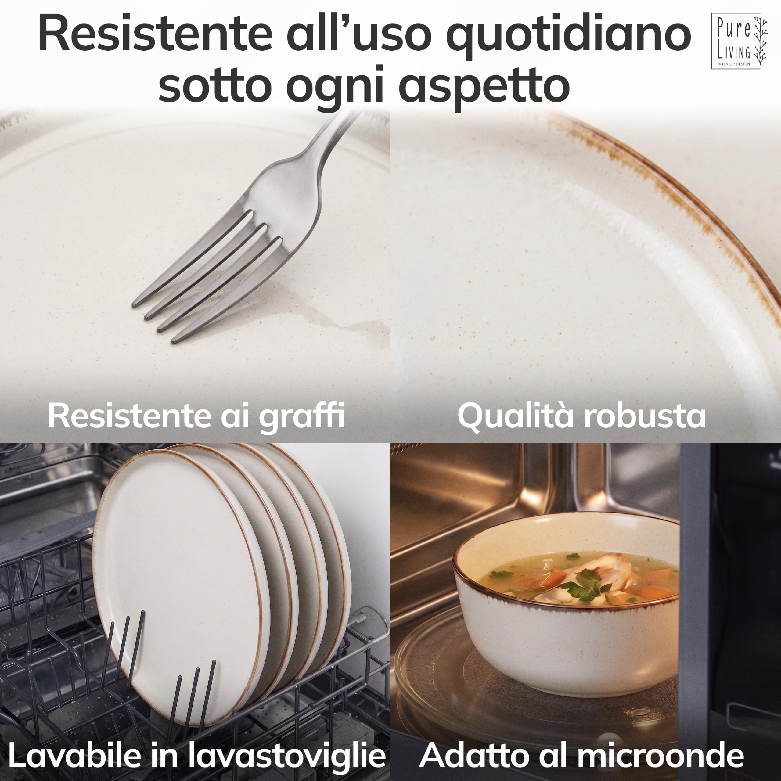 Set di Piatti in Ceramica per 12 Persone Rustic 36 Pezzi - Design Rustico e Moderno, Lavabili in Lavastoviglie - Set di Ciotole e Piatti Colorati - Pure Living beige