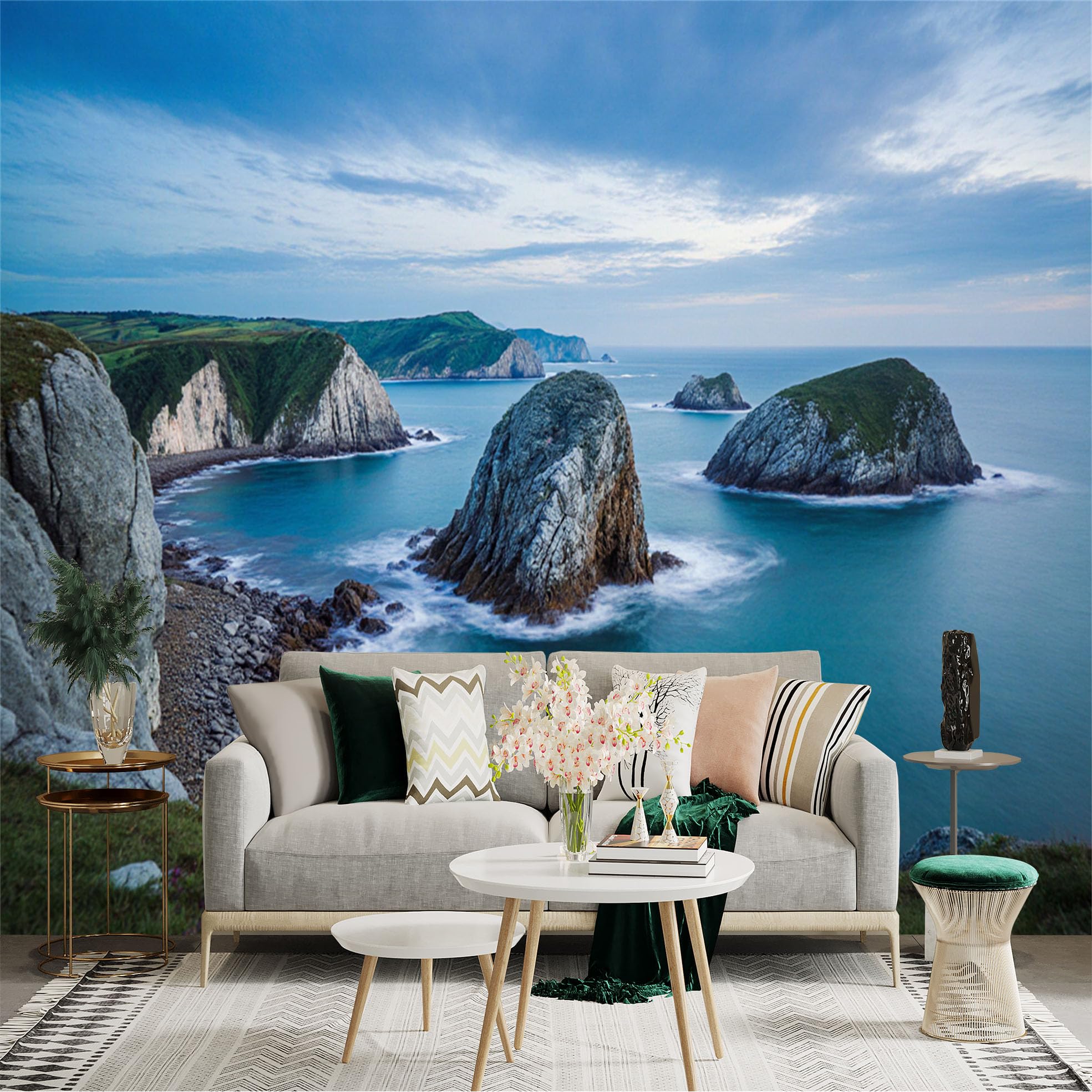 Custom Size Wall Sticker Mural， Coastal Ocean Scenery， Rocky Cliffs and Blue Sea， Serene Summer Seashore Landscape， for wall Decoration， peelandstick wall Decals.
