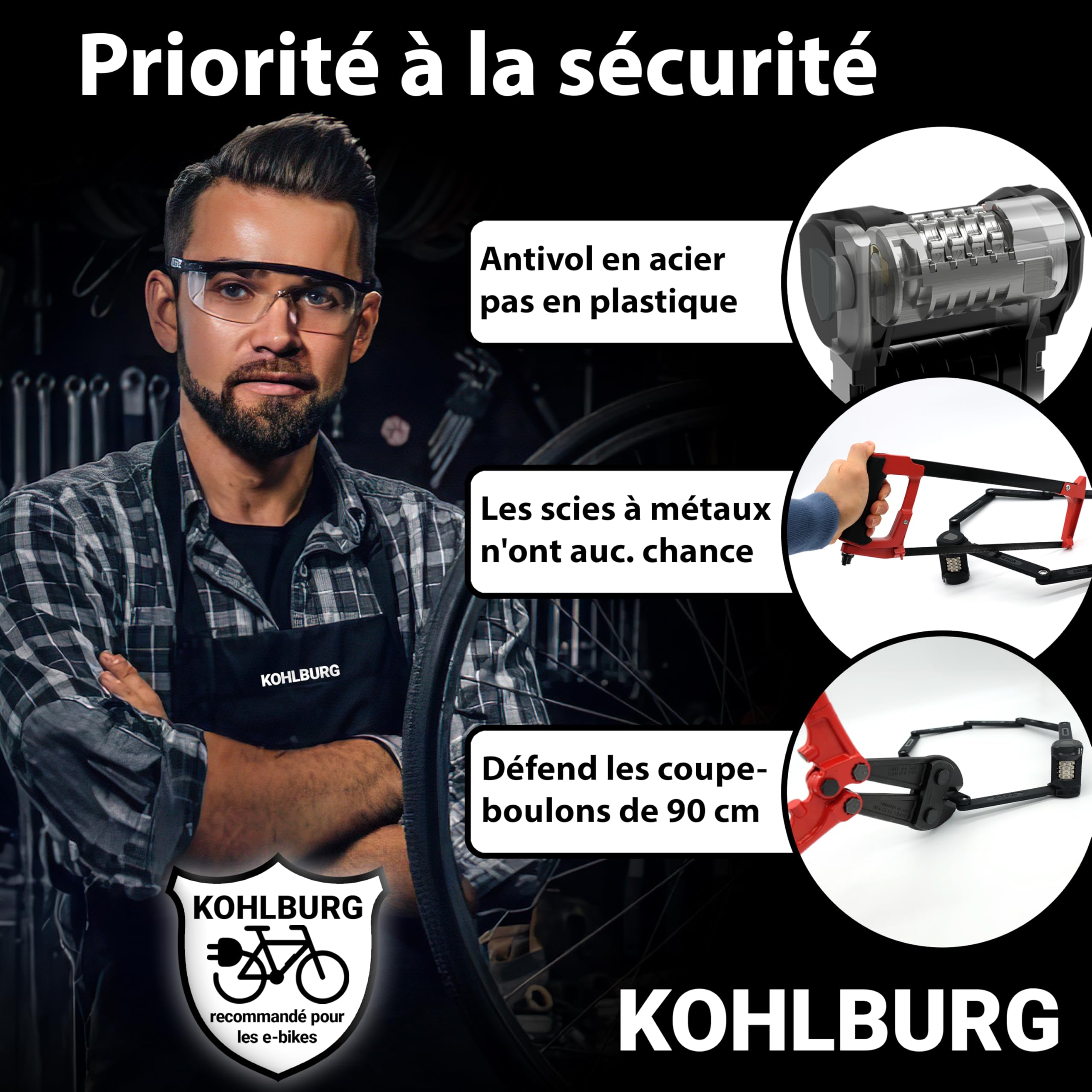 KOHLBURG Antivol Pliant vélo 110 cm à code chiffré de haute sécurité | Antivol à code pour vélo avec support – résistant aux coupe‑boulons – serrure & antivol pour vélo électrique