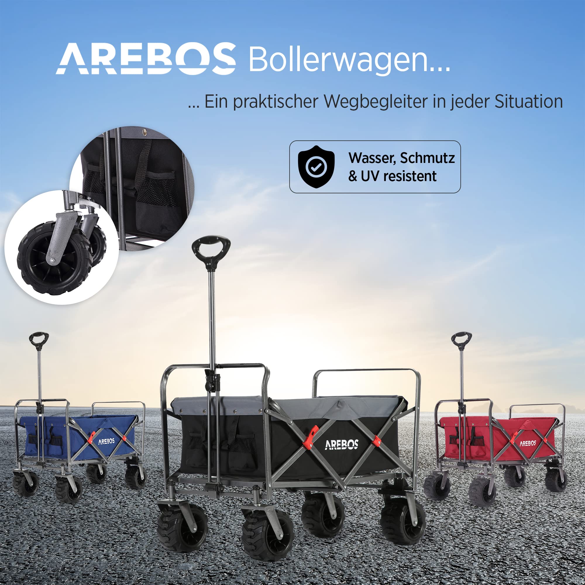 Arebos Bollerwagen faltbar | Handwagen | Faltwagen | Gerätewagen | klappbar | bis 100 kg Tragkraft | Wasser- & schmutzabweisend | Schwarz