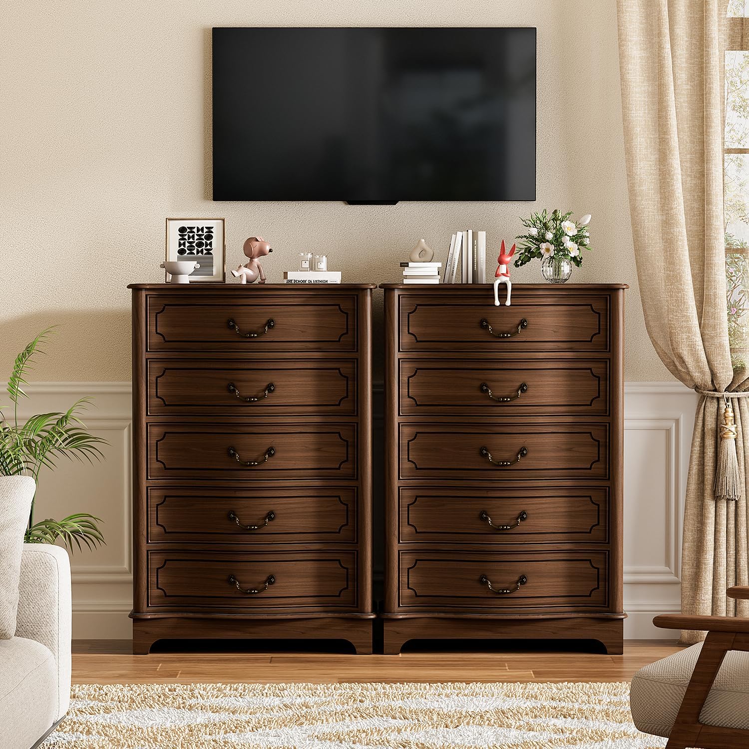 Farmhouse 5 Drawers Dresser for Bedroom, 48" Tall Dressers & Chests of Drawers, Large Storage Dressers Organizer with Vintage Golden Handles for Bedroom, Living Room, Closet, Hallway, Walnut