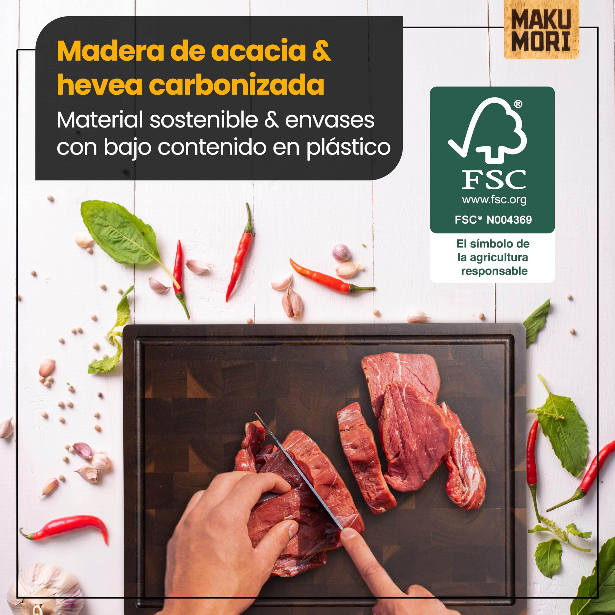 Premium Tabla de Cortar Madera de Testa 40x29x3cm Acacia Oscuro | Tabla de cocina de acacia carbonizada; FSC®; ranura para jugos; asas grandes; pies de goma antideslizantes