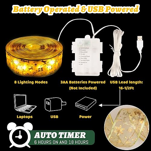 Miniatura 3 de Decoraciones de Navidad, 2.5 pulgadas x 33 pies, 100 luces LED para árbol de Navidad con control remoto, funciona con pilas y alimentado por USB, 8