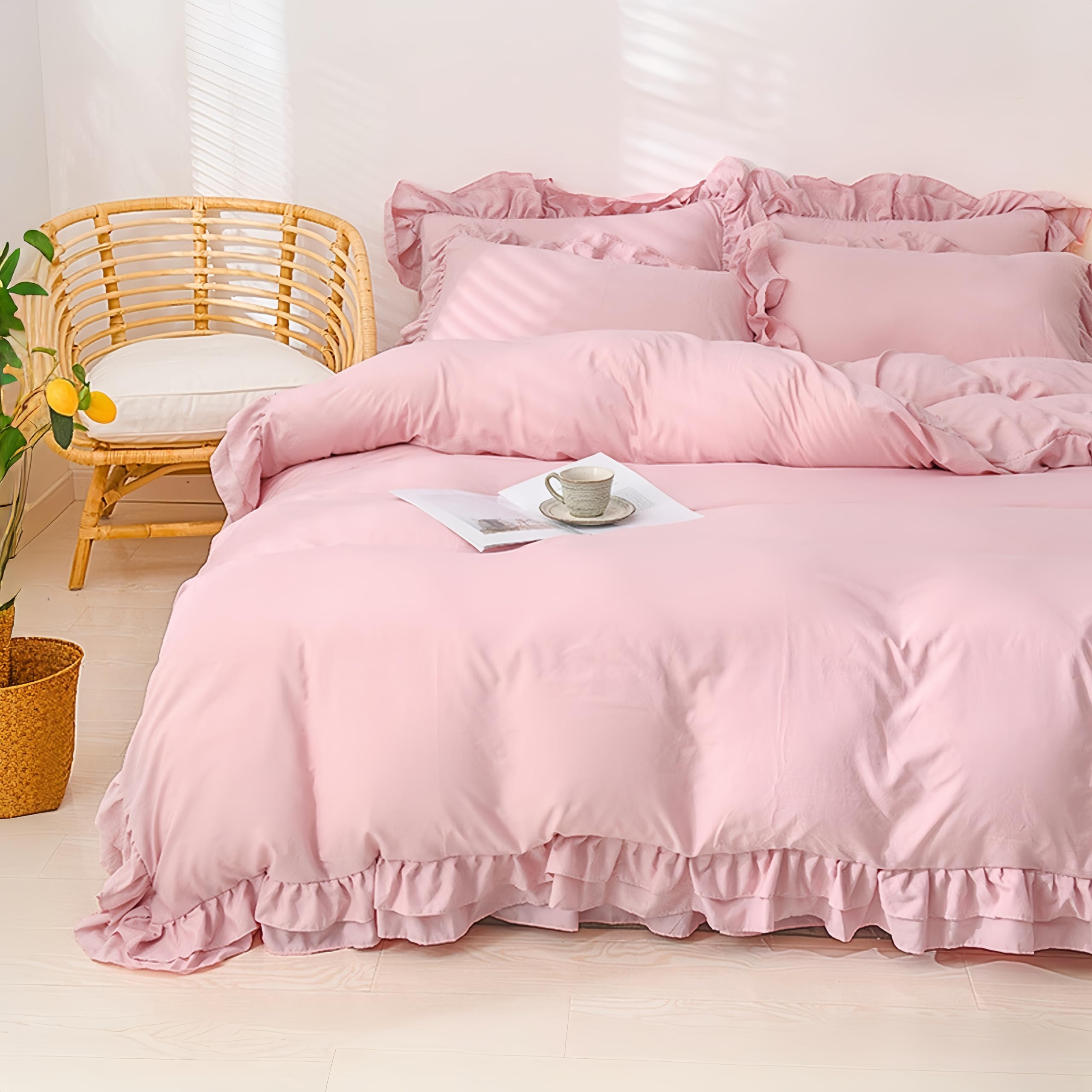 Romántico juego de ropa de cama beige con volantes, 4 piezas, 135 x 200 cm, funda de edredón acogedora con volantes, funda de edredón de microfibra gris pardo y 2 fundas de almohada de 80 x 80 cm