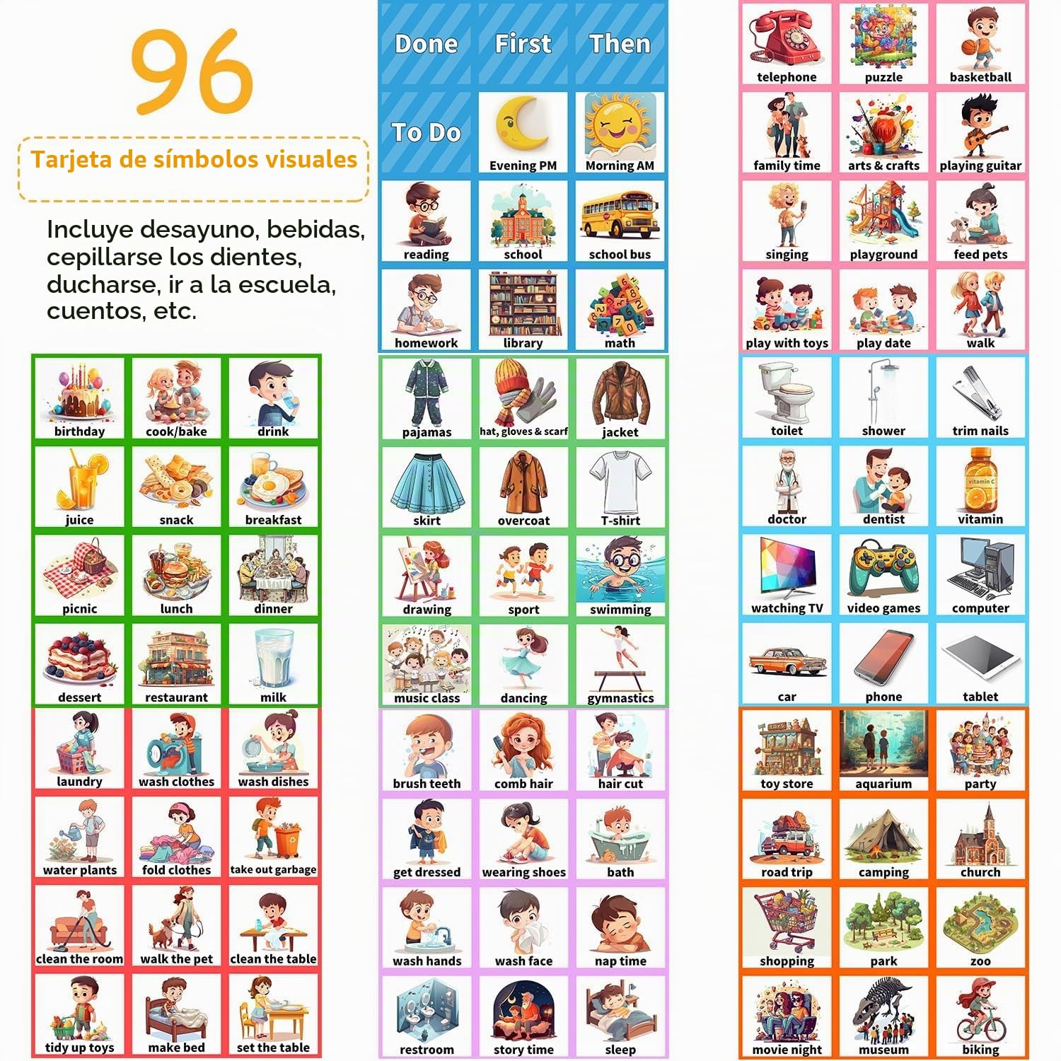 Tabla de Tareas para Niños, Horario Visual Niños con 96 Tarjetas, Tabla de Rutinas de Tareas Diarias para Autismo, Tarjetas de Horario Visuales con Pared Trasera y Cierre de Velcro (GHJ094a)