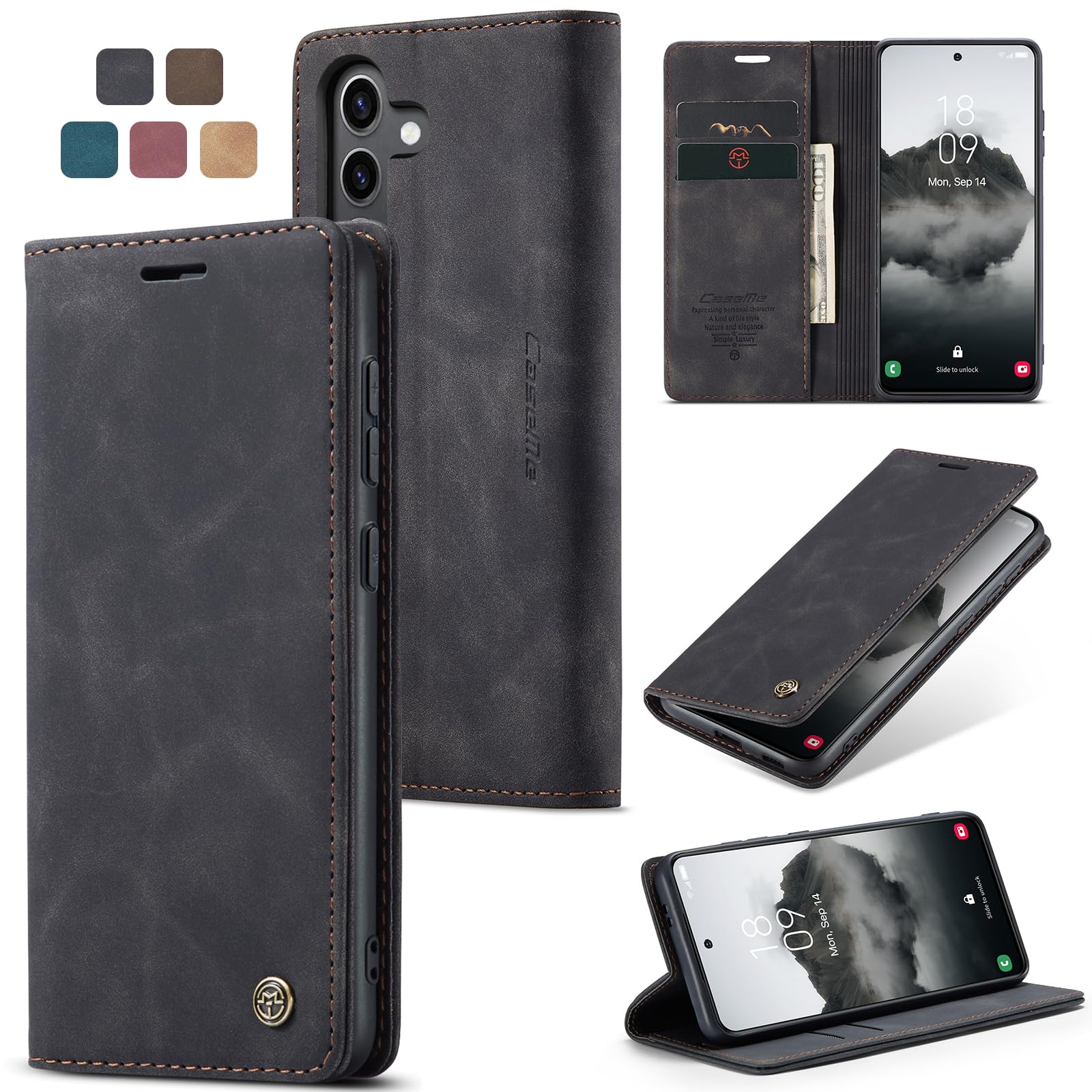 owlhold Hülle Samsung S24 Plus klapphülle Premium Lederhülle Weiches Vintage-Nubukleder Faltbare Ständer Schutzhülle Kartenfach Standfunktion klapphülle Samsung S24 Plus 5G -Schwarz