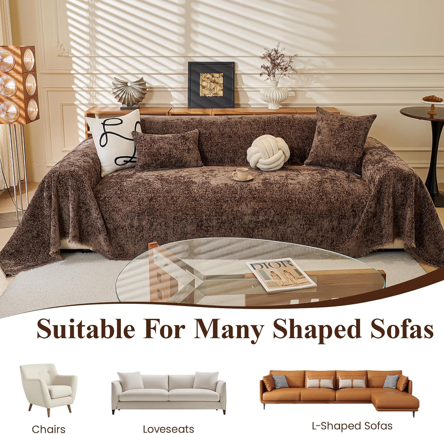 Brown Couch Cover for Dogs, Durable Solid Sofa Cover Washable for Couches, Cozy Soft Sofa Slipcover with Tassels, Multifuntional Furniture Protector Cover for Home, 71''x134''