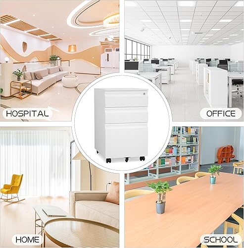 Miniatura 7 de Archivador blanco de 3 cajones, archivador móvil con ruedas, debajo del escritorio con bloqueo de archivos para oficina en casa