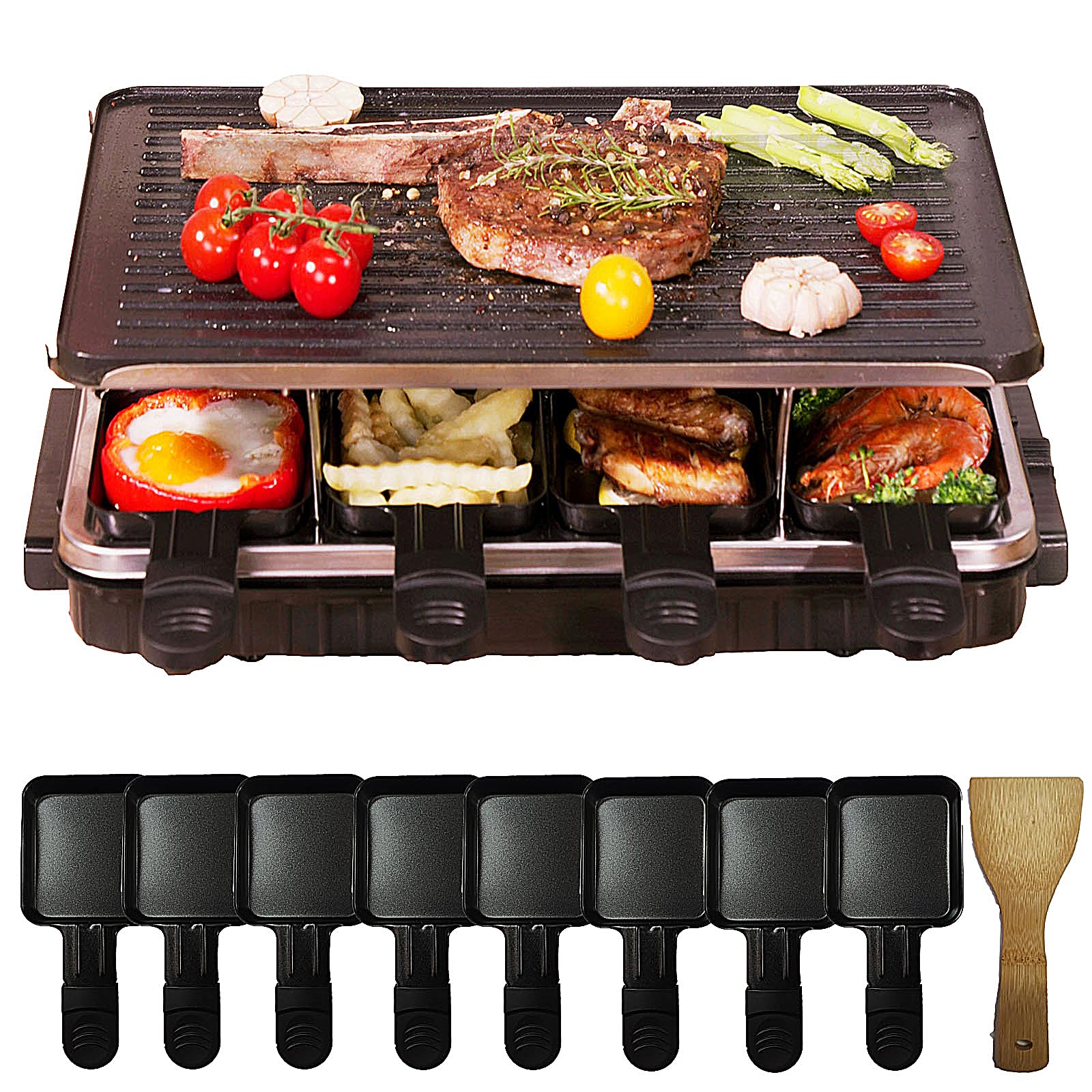 Parrilla de barbacoa coreana 2 en 1, parrilla eléctrica antiadherente Raclette con 8 sartenes de raclette, temperatura ajustable de 1300 W, reversible, sin humo para fiestas familiares en interiores