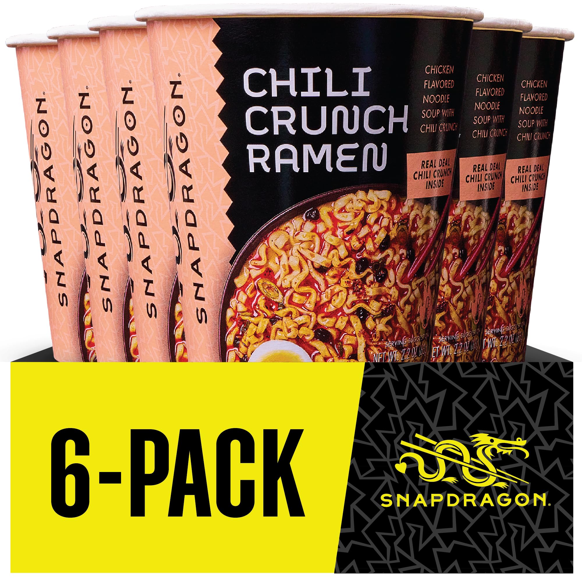 Snapdragon Chili Crunch Ramen Cup Noodles - 6 Pack Instant Ramen Bowl with Authentic Wheat Noodles, Soup Sauce Base, Vege Pack and Chili Crunch Oil. Microwave or Hot Water, Easy Meal Prep