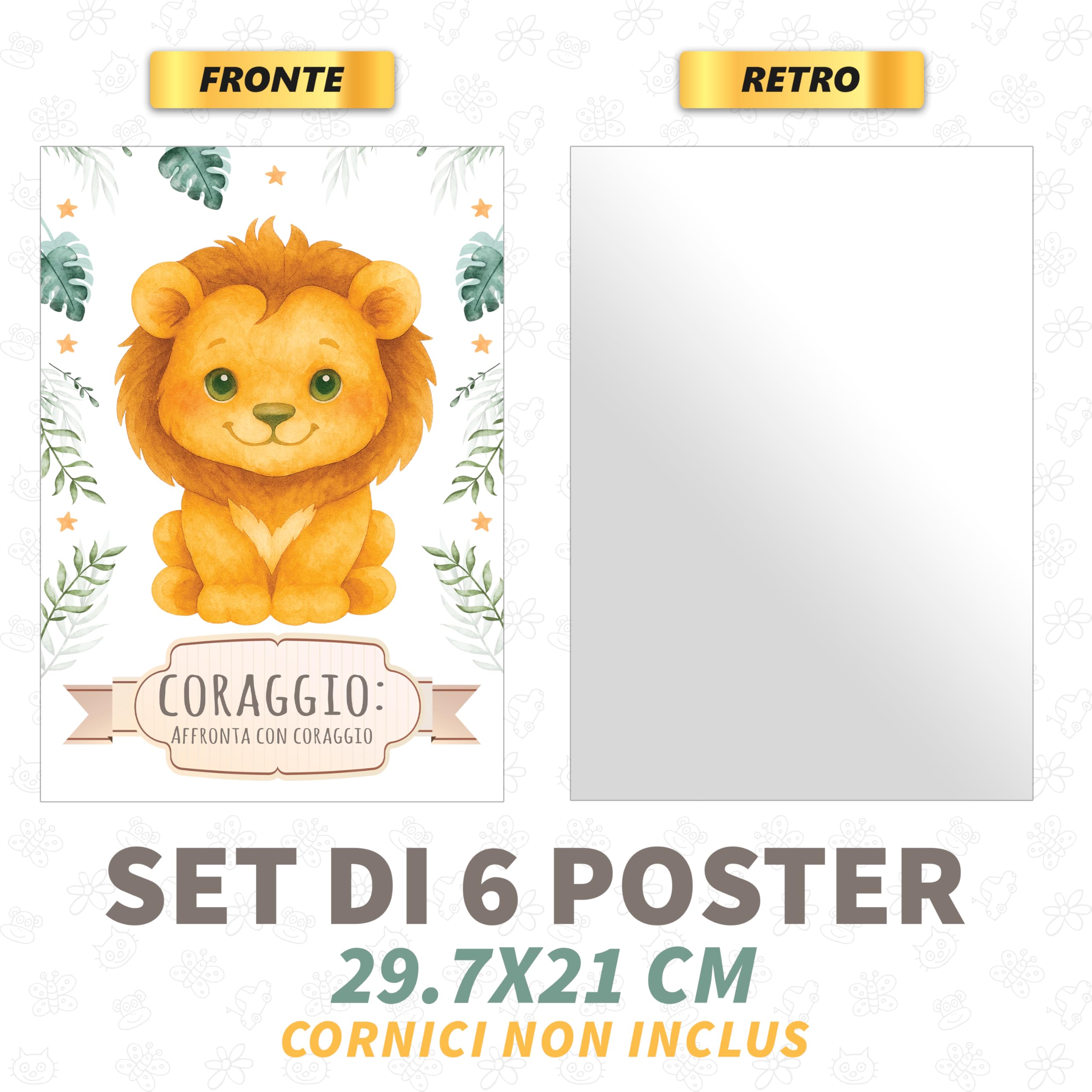 NAÏZAYA Cameretta Bambina Bambino Decorazioni - Set 6 Poster Quadri Animali 21x30cm - Frasi Motivazionali Italiano, Senza Cornice
