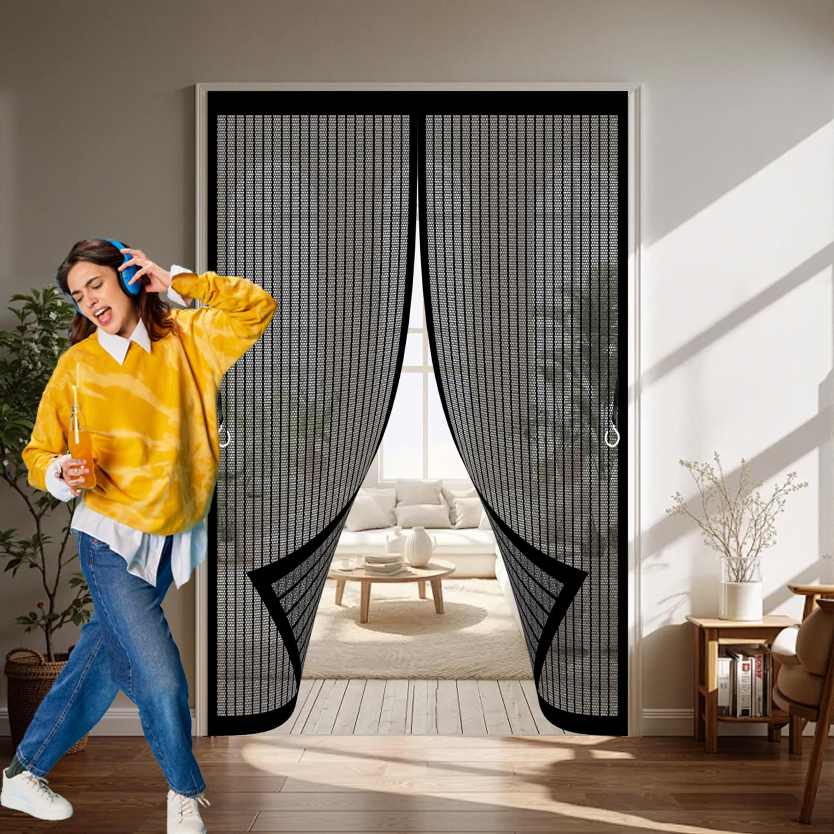 Magnetic Fly Screen Door 115 x 215 cm with Powerful Magnets & Full Frame Magic Tape, Keep Bugs Out & Lets Fresh Air in Mesh Screen Curtain for Patio Doors Balcony, Black