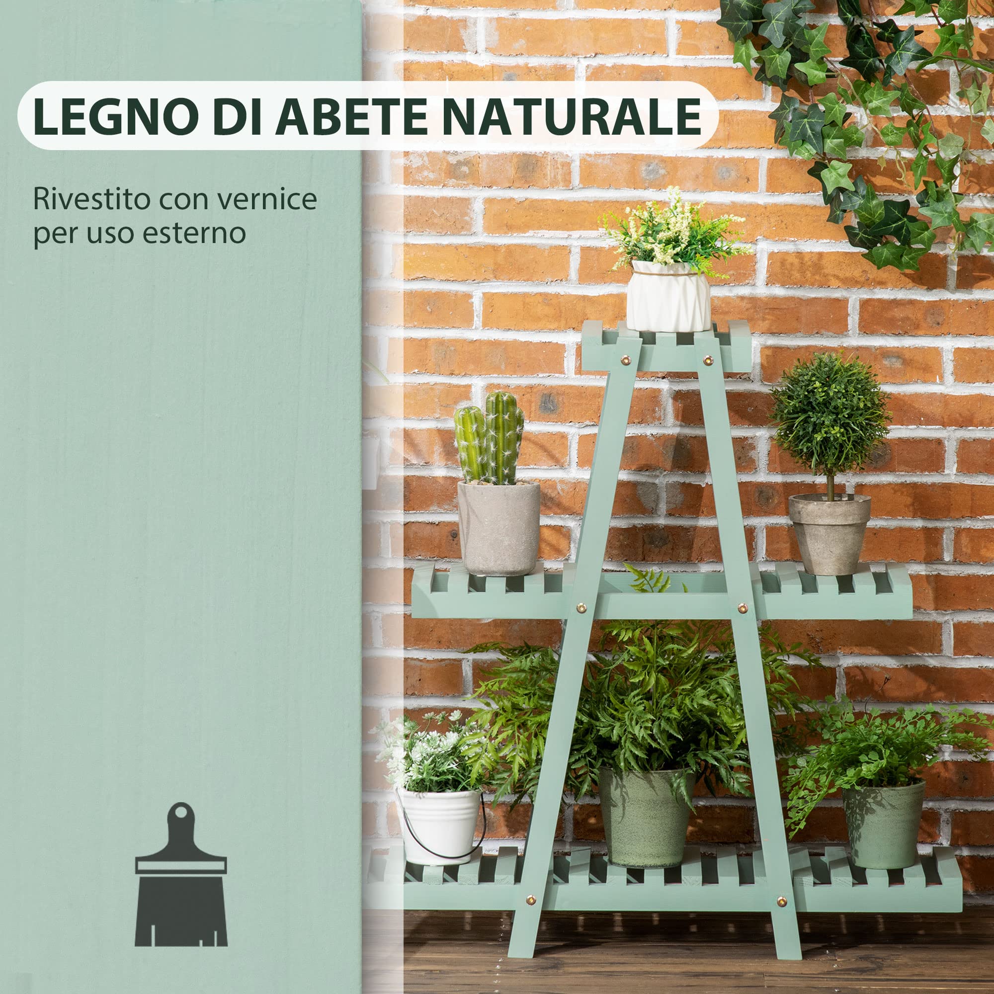 Outsunny Porta Piante da Interno a 3 Livelli 76x26x76 cm Verde Chiaro | Portavasi da Interno, Porta Vasi da Esterno, Legno di Abete