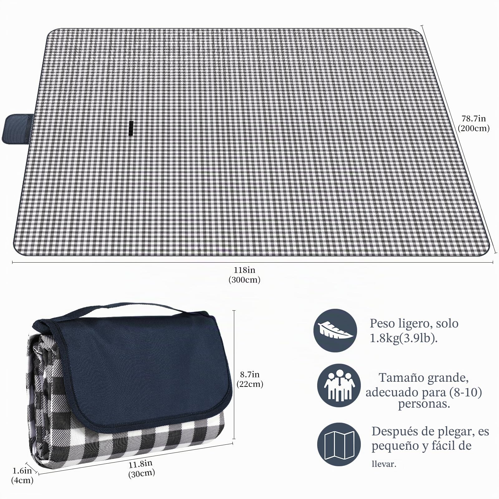 YAOMAISI Manta Grande de Picnic y Playa,Espacioso y cómodo, 200 x 300 cm, Manta de Camping, con asa, Fondo Impermeable, Lavable a máquina, Manta Plegable portátil para Exteriores para Senderismo