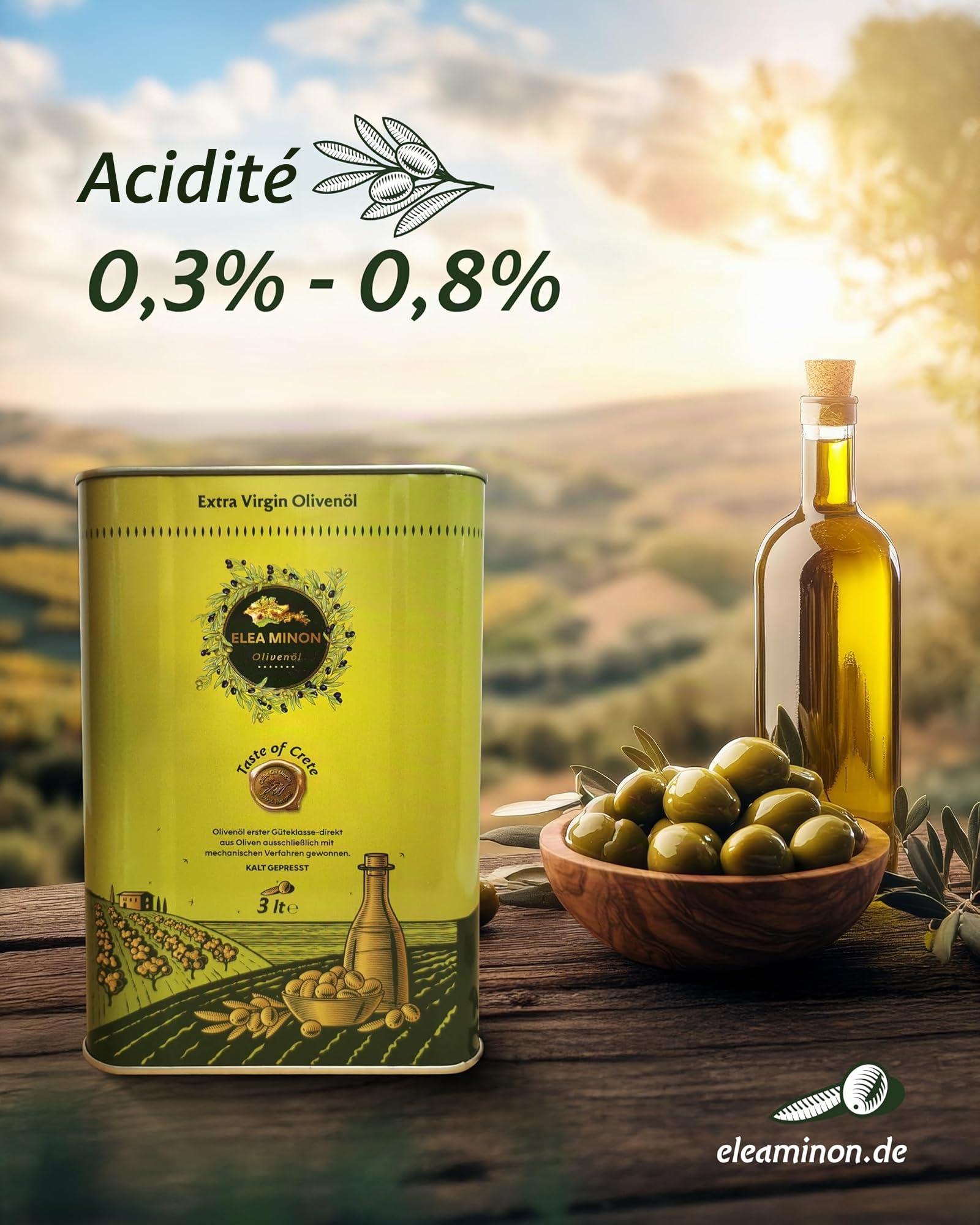 Elea Minon Huile d'olive extra vierge – 0,75 l / 3 l / 5 l – Pressée à froid de Crète, 100 % pure huile d'olive grecque de qualité supérieure, première pression à froid, fruitée douce, bidon en métal