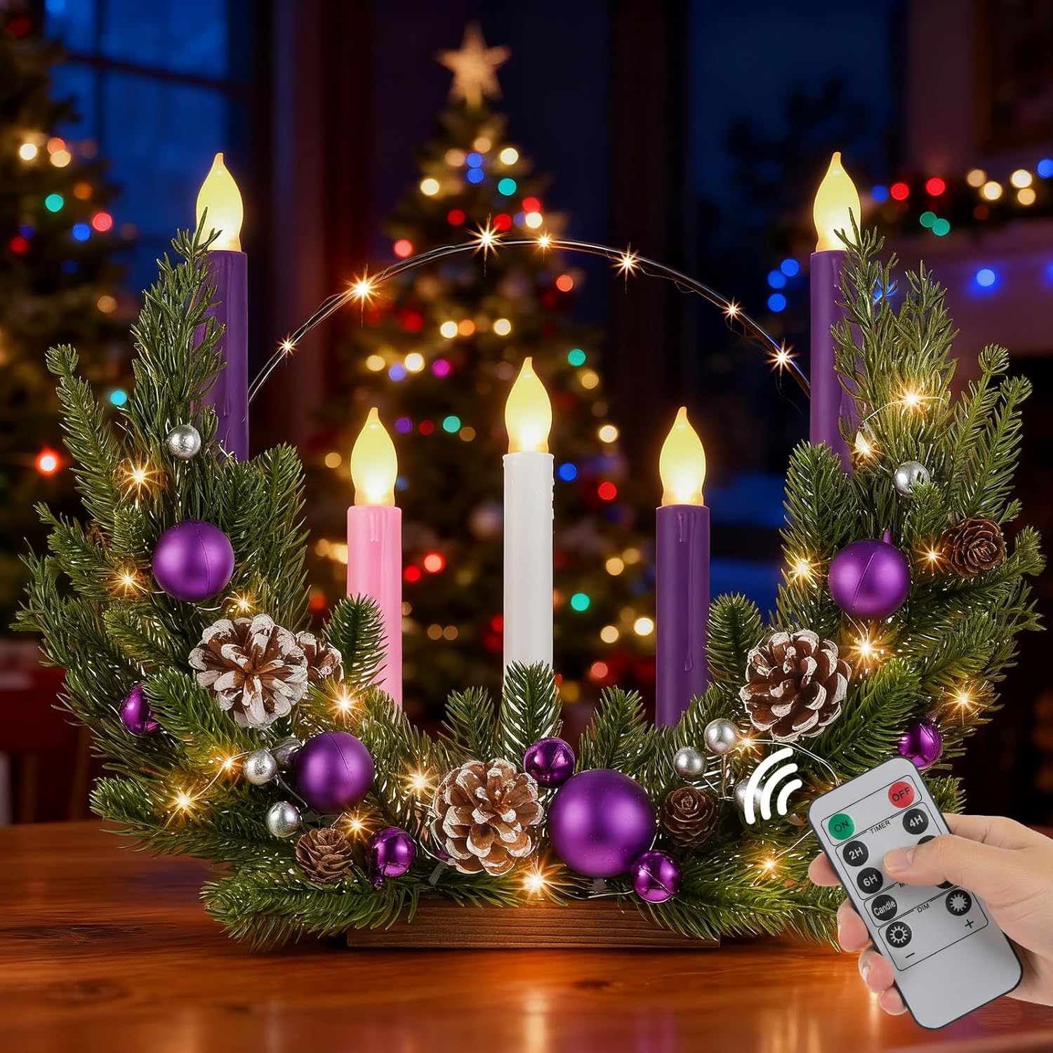 1 Set Advent Wreath with Flameless Candles, 1 Advent Wreath Candle Holder, 5 LED Pink Purple White Candle Battery Operated, 1 LED Strings for Tabletop Centerpiece Christmas Party Decor