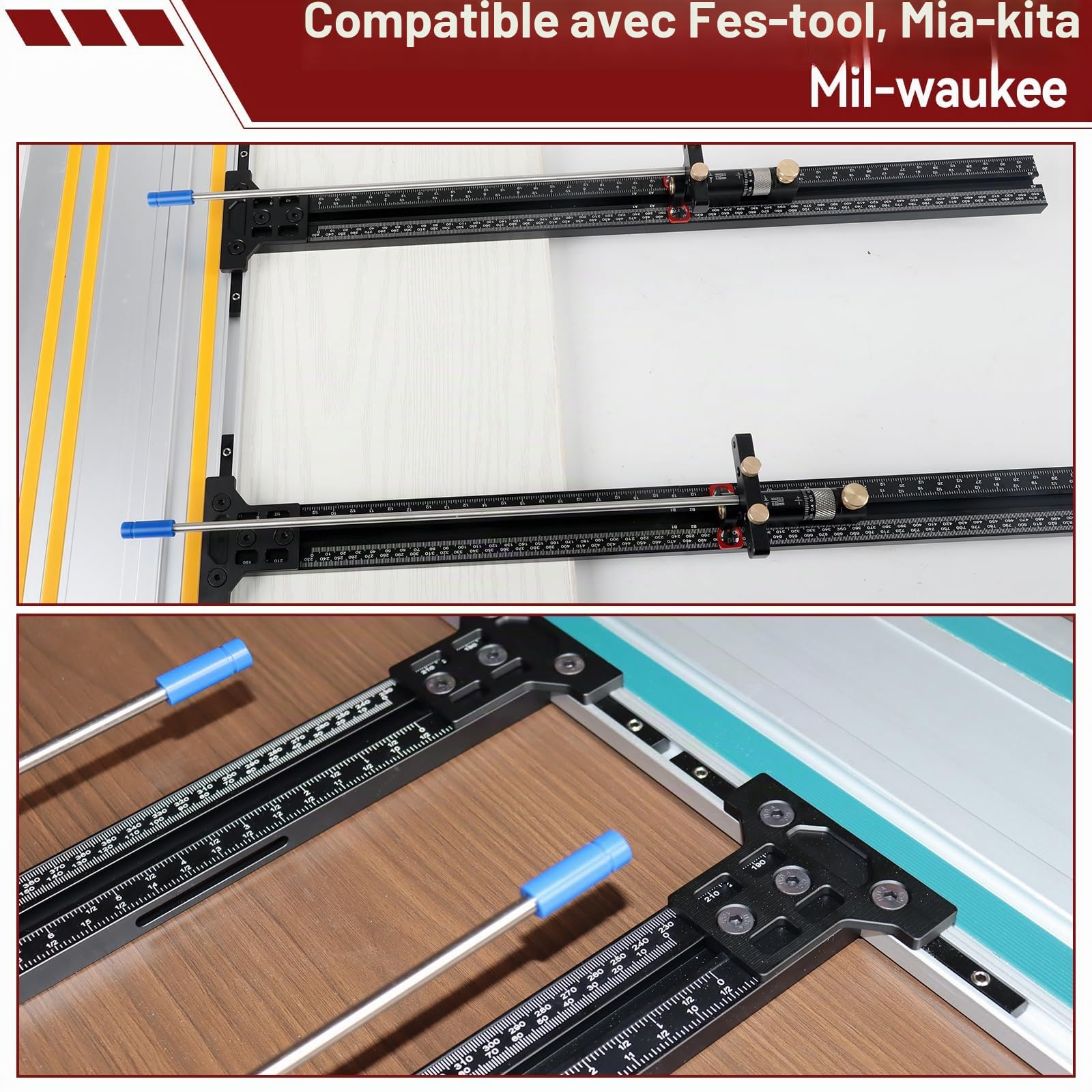 Système de guide parallèle pour scie à onglets, système de rail de guidage parallèle pour bois avec arrêt ajustable micro et inversé, outils auxiliaires de coupe avec calibration zéro pour Festool