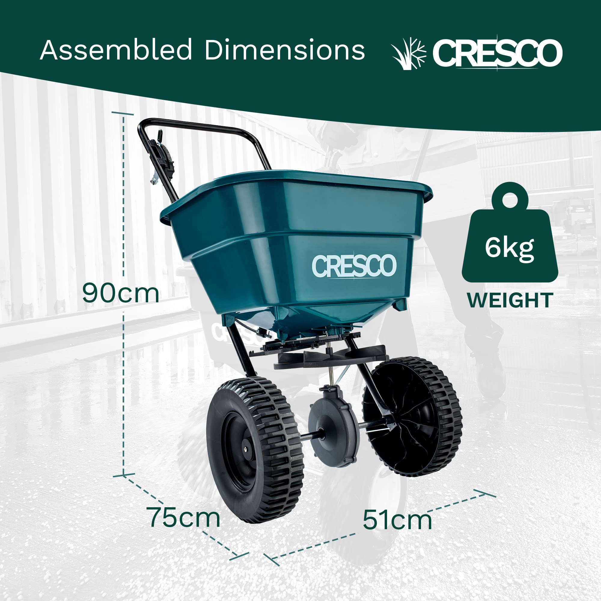 CRESCO 8SW - Esparcidor profesional de abono y salero – Carro esparcidor universal para verano e invierno – Para fertilizantes, semillas de césped y esparcimientos en invierno – Con sistema deslizante