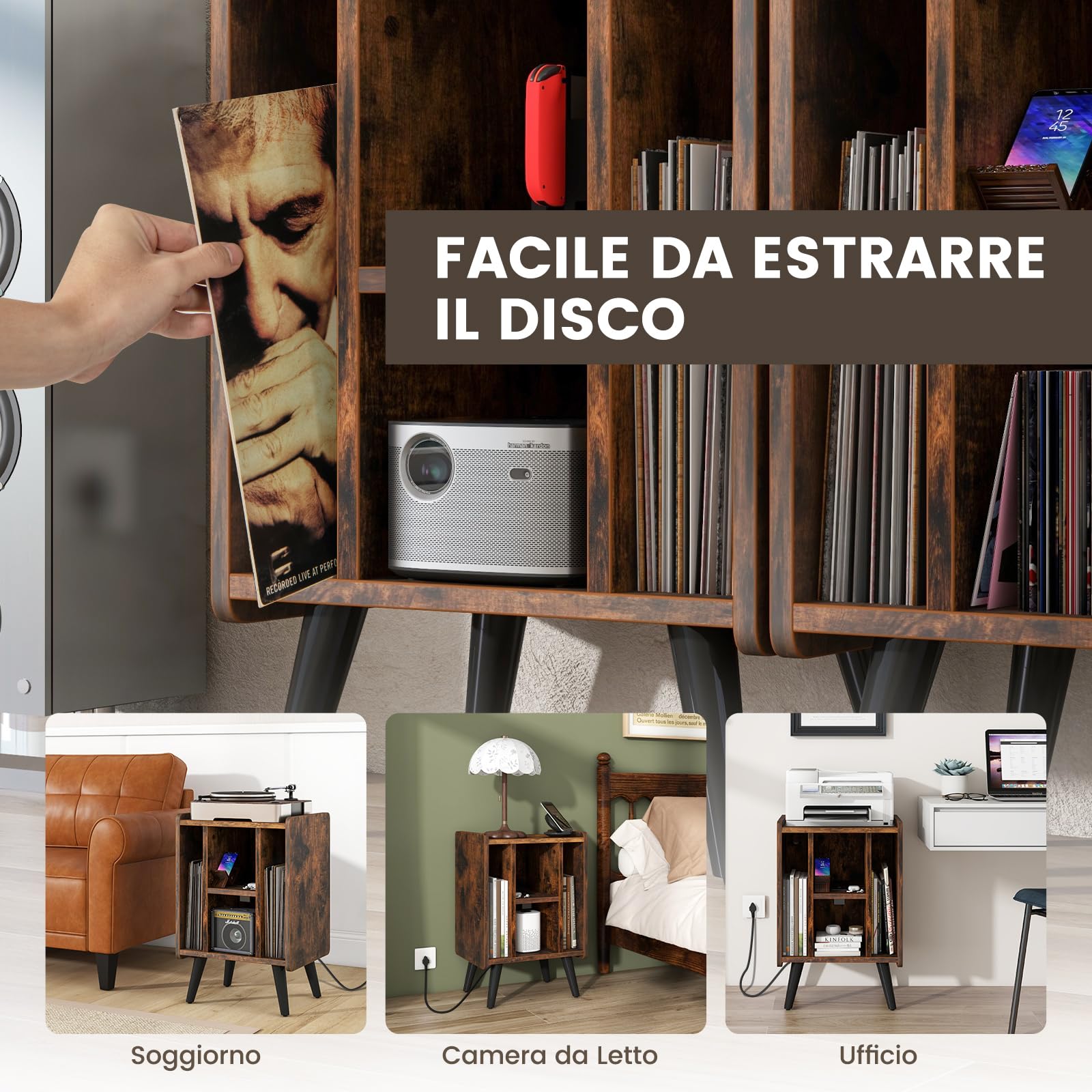 COSTWAY Supporto per Giradischi, Porta Vinili con 4 Ripiani Aperti, Presa di Corrente e Porta USB, con Mensole Espositive, per Soggiorno, Camera da Letto e Ufficio, 43 x 34,5 x 67,5 cm (Marrone)