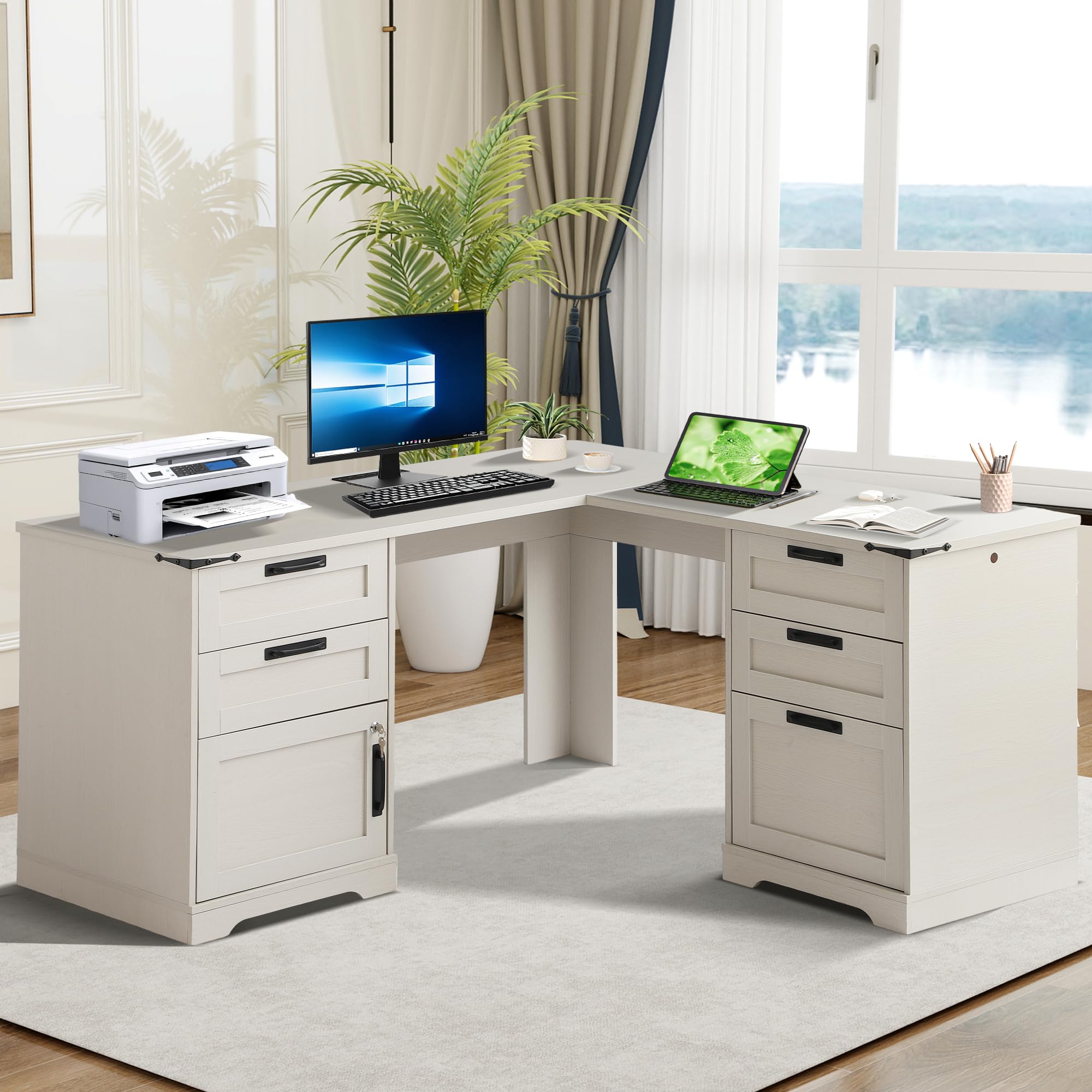 Dephet 60" Farmhouse L Shaped Executive Desk - Home Office Corner Computer Desk with Drawers, Lockable Storage File Cabinet and Power Outlets, Wood