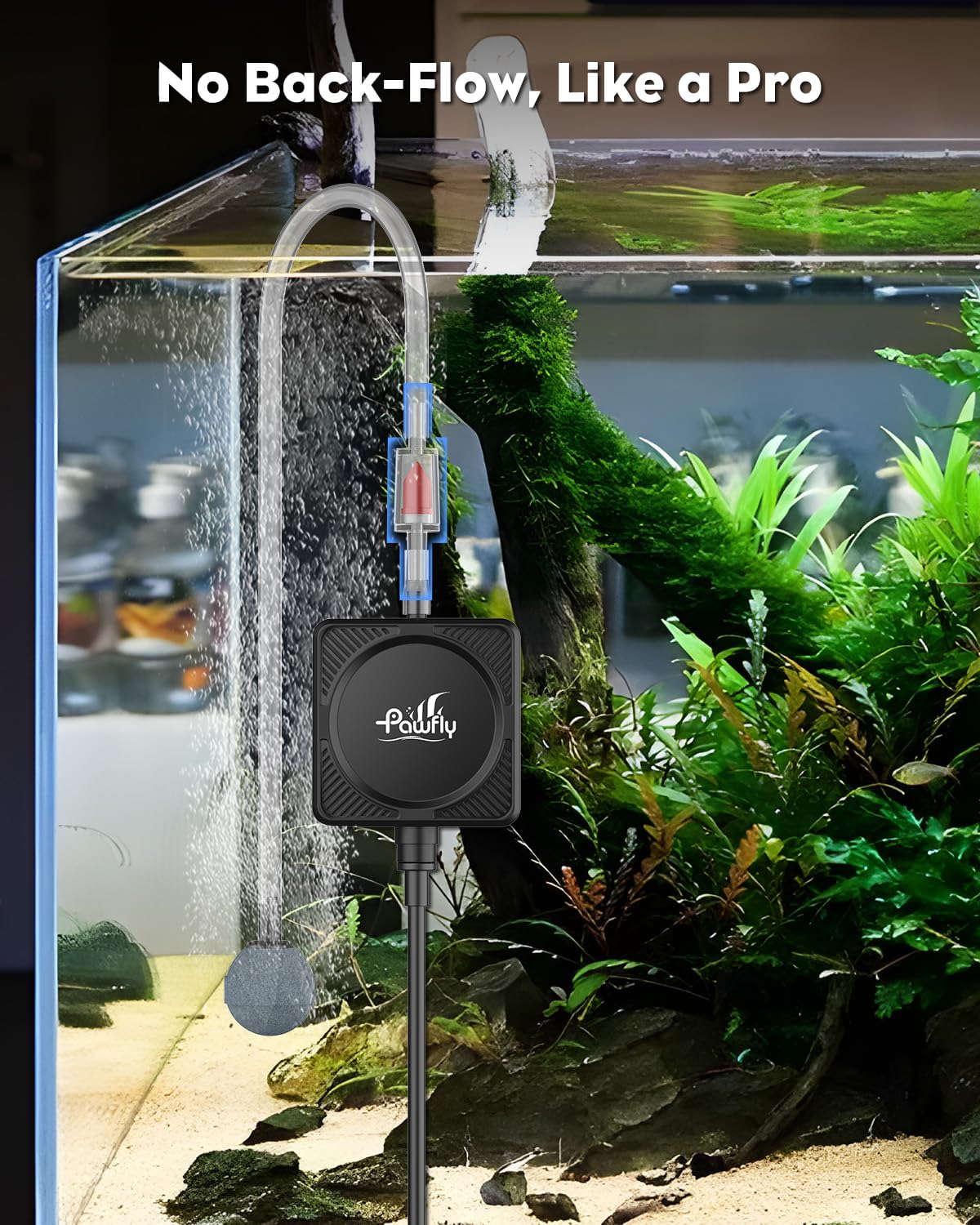 Pawfly Pompa Aria Acquario 450 mL/min 1.3 W, Ultra Silenziosa Mini Bollitore per Vasche fino a 60 L, Ossigenatore Portatile con Tubo, Pietra Porosa, Valvola di Non Ritorno