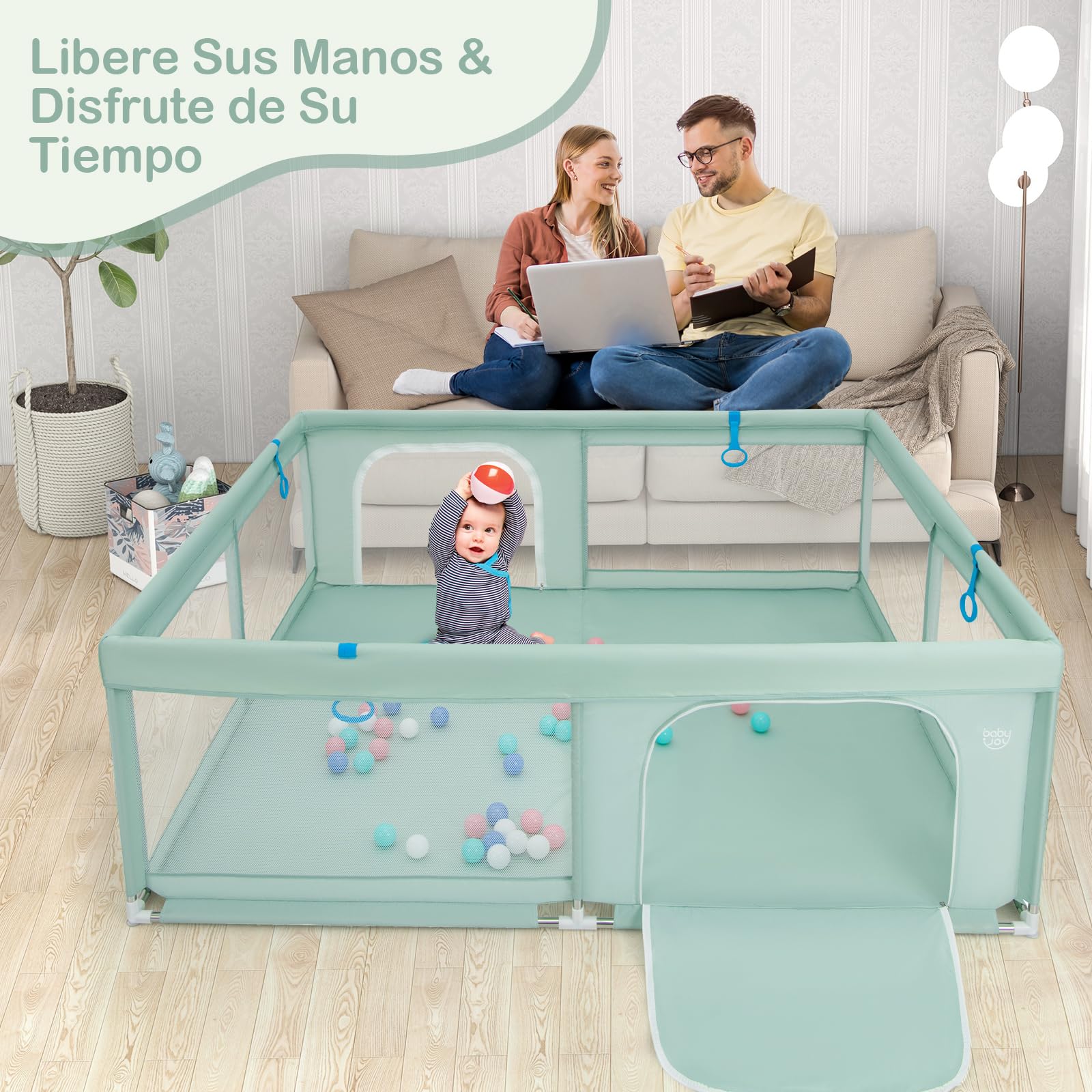 COSTWAY Parque Infantil Bebe 200 x 180 x 68 cm, Corralito Bebe con 50 Bolas, 4 Anillos, Malla Transpirable Suave, Asas, Valla para Bebés con Puerta, Base Antideslizante (Verde)