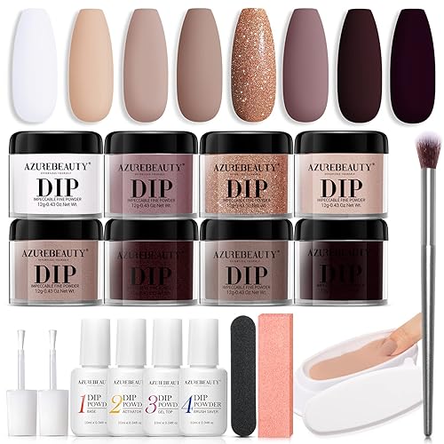 AZUREBEAUTY - Kit de inicio de polvo de inmersión para uñas, 18piezas, color marrón oscuro, morado, natural, blanco neutro, sistema esencial para