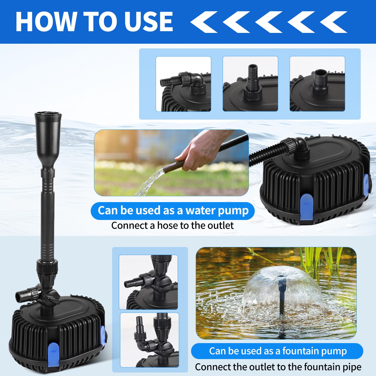 DBREAKS Pompe pour Fontaine Extérieure Jardin 2000L/H 2 M, Pompe de bassin 35W avec Câble 10 M, Pompe à Filtre Submersible, Pompe à eau pour Koï, Étang, Ruisseau, Débit Réglable