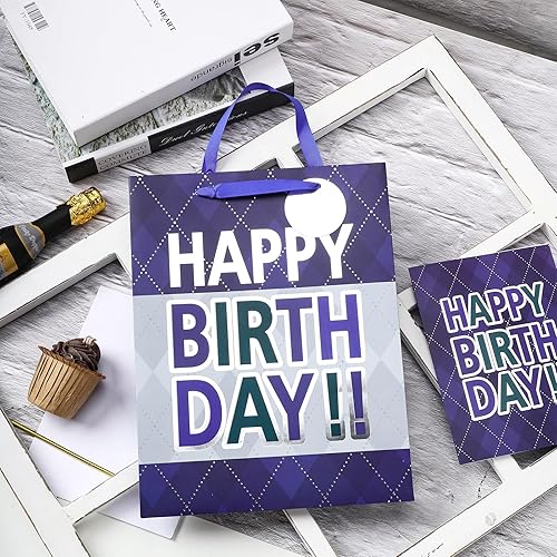 Miniatura 2 de Loveinside Bolsa de regalo a cuadros azul marino con texto en inglés Happy Birthday impresa, tamaño mediano con papel de seda, etiqueta, tarjeta de