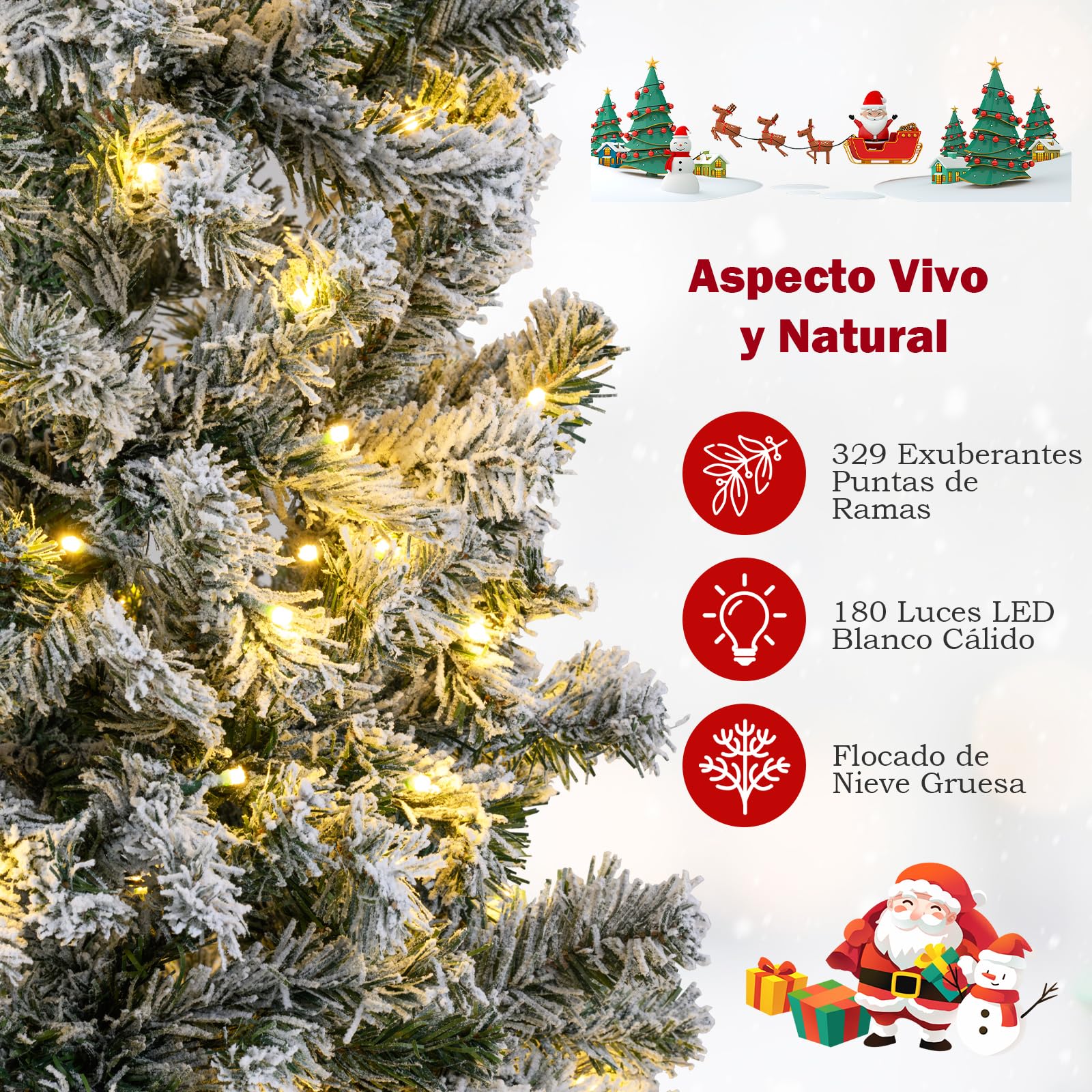 COSTWAY Arbol de Navidad Nevado con Luces 150cm, Árbol de Navidad Slim/Estrecho, 180 Luces LED, 8 Modos, Arvore de Natal Lapiz con Nieve, 329 Puntas de PVC (150cm)