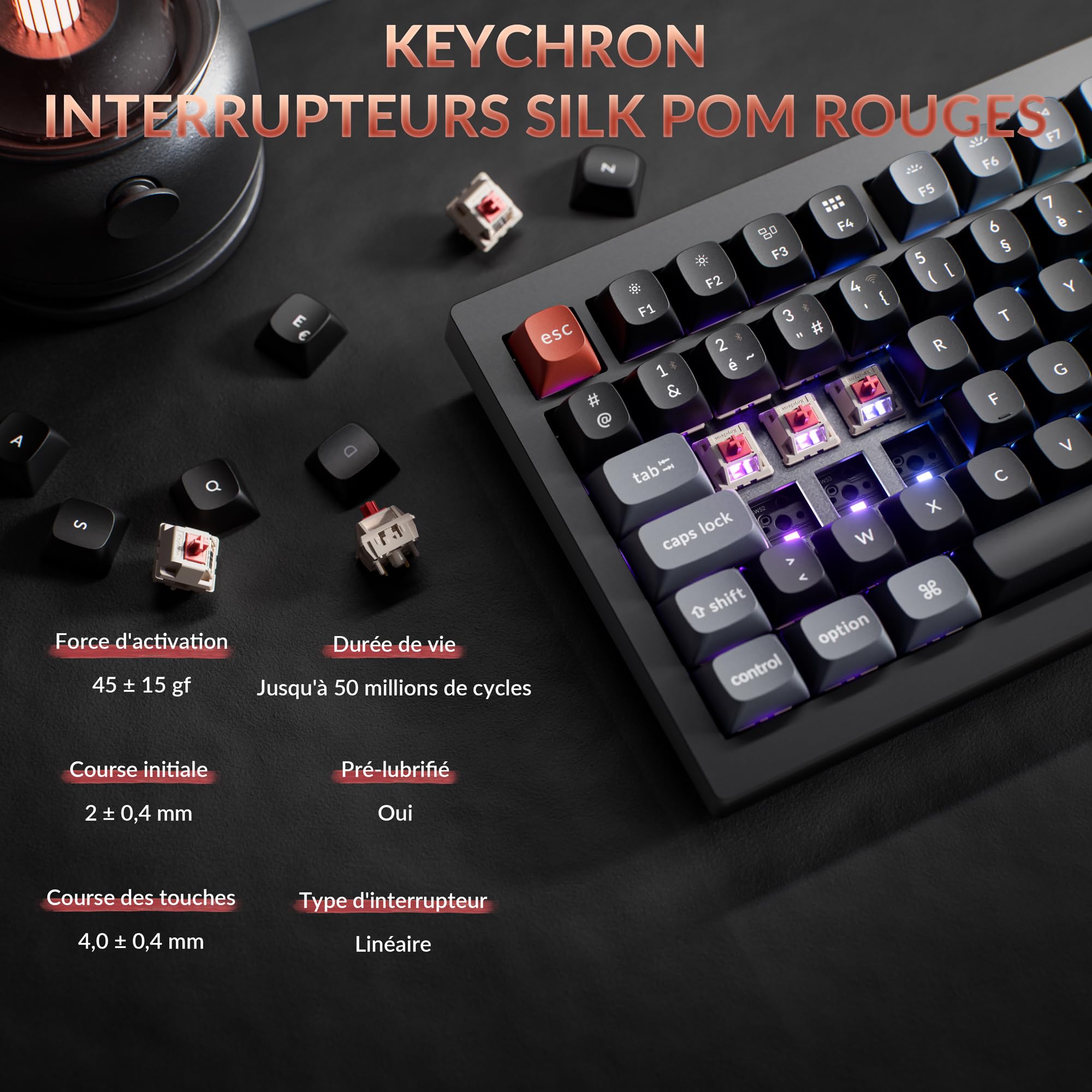 Keychron V3 Ultra ZMK Clavier Mécanique sans Fil, TKL ISO-FR Layout, 8K Polling Rate, 2,4 GHz/Bluetooth 5.3 /Filaire, RGB, Pré-lubrifiés, pour Mac, Windows et Linux, Interrupteurs Rouges Silk Pom
