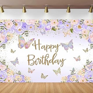 Fondo de fotografía con diseño Floral Morado melocotón, Pastel, Rosa, Lila, Morado y Dorado, con Mariposas, para Fiesta de cumpleaños de niña. 440x300CM