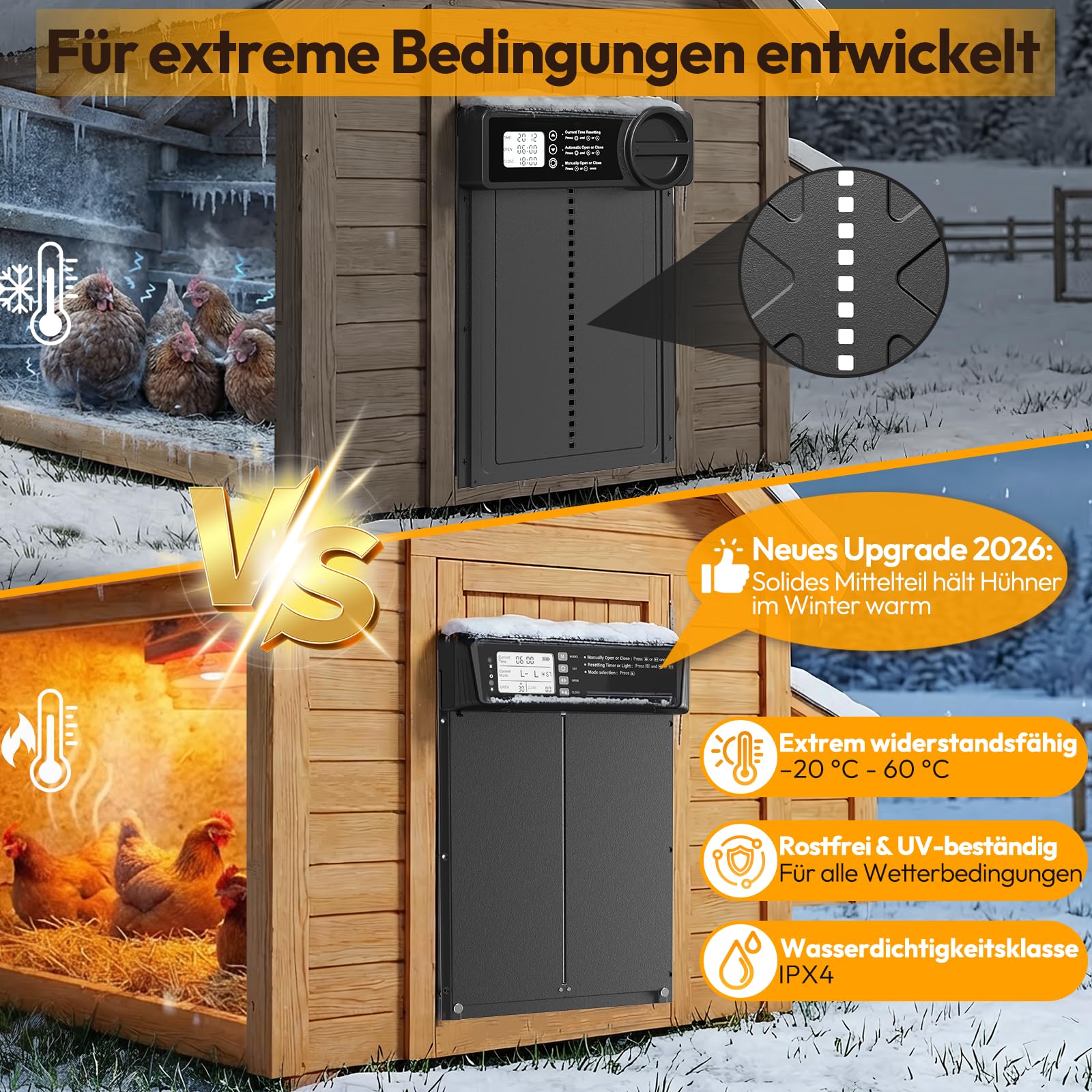 Automatische Hühnerklappe solar - Große mit Zeit/Handmodus Einklemmschutz | Anti-klemm, Solarbetriebene elektrische Hühnerklappe aus Aluminiumlegierung | 20M Fernbedienung | Hochkapazitätsbatterie