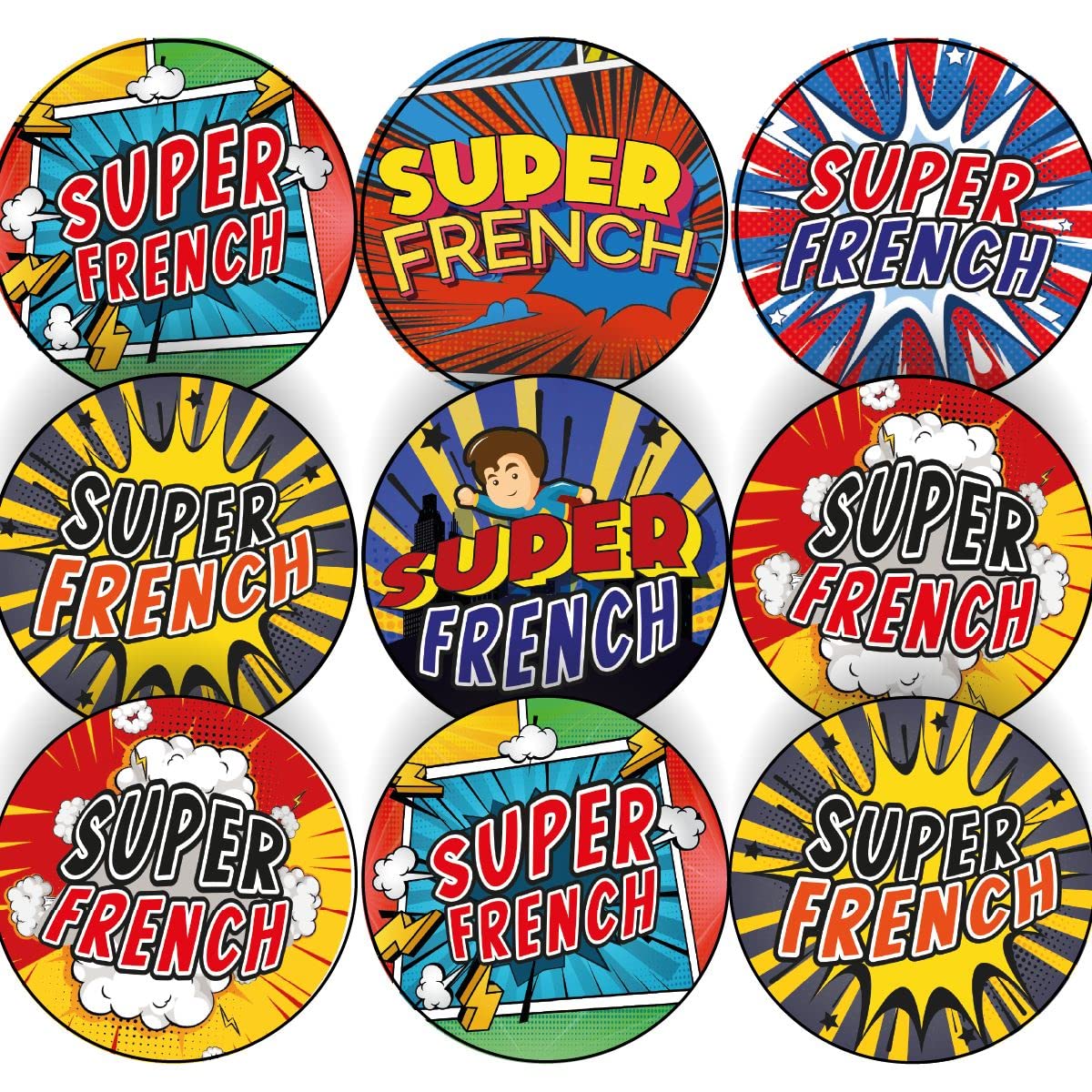 Sticker Stocker 144 French Superhero Comic Stickers - 30Mm - Glossy Reward Stickers