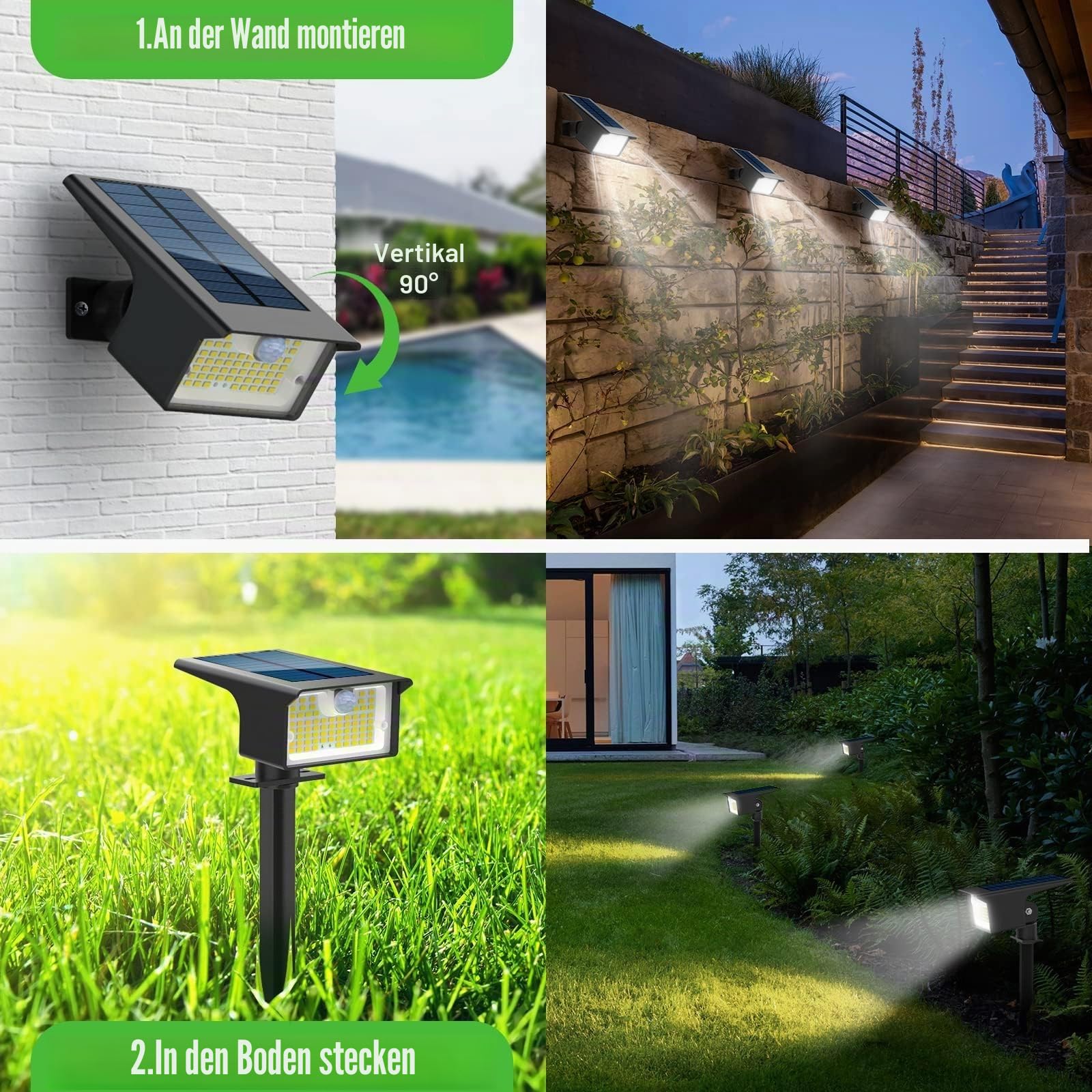 6 Stück Solarleuchte für den Außenbereich, mit Bewegungsmelder, 62 LEDs, Solar-Spot, für den Außenbereich, 3 Modi, Außenbeleuchtung, wasserdicht, IP65, Solarlicht, für den Außenbereich, für Garten,