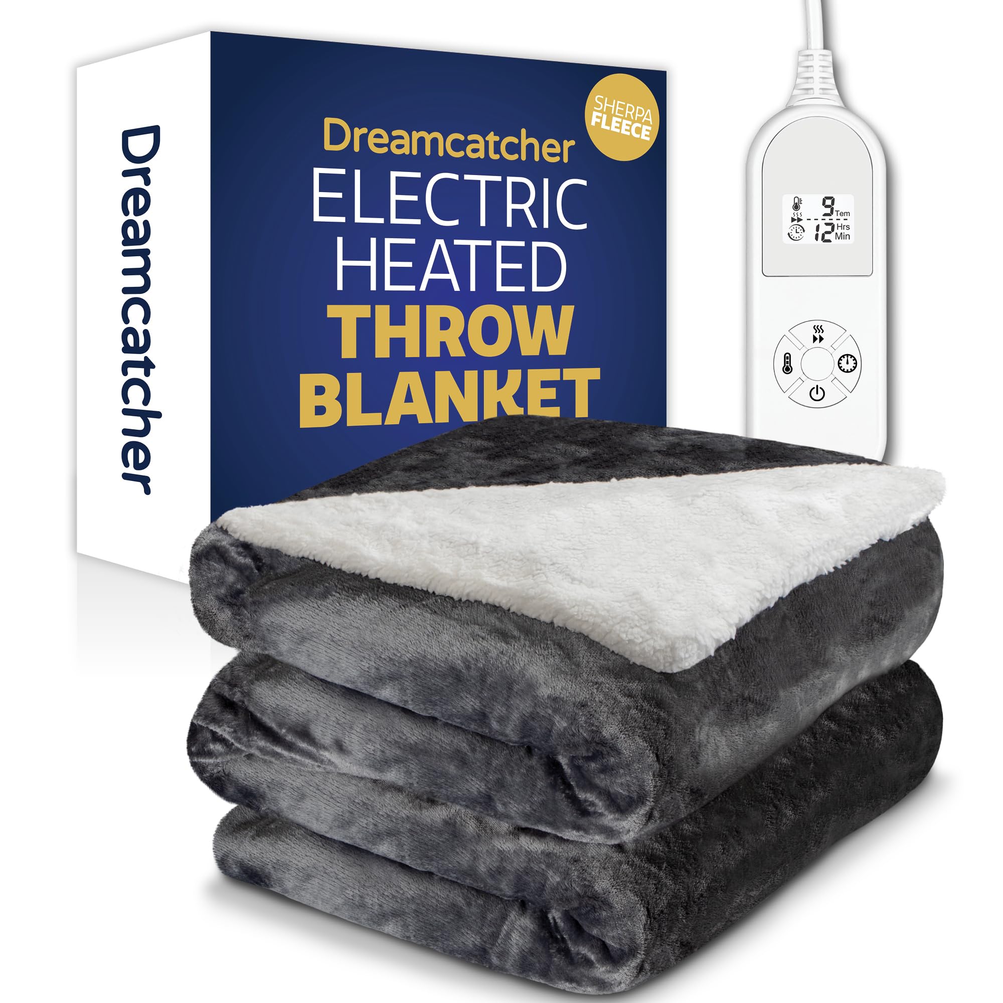 Dreamcatcher Grey - Sherpa Grey Heated Throw Electric Blanket, 160 X Heated Blanket Machine Washable Soft Micro Fleece & Sherpa Electric Throw Overblanket With 12Hr Timer And 9X Control Heat Settings 120Cm