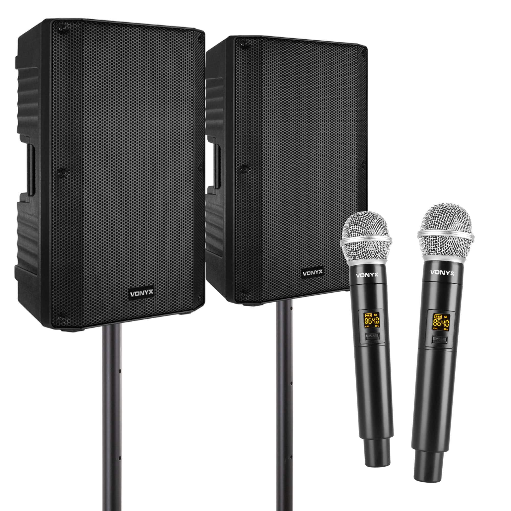 Vonyx Set de Karaoke para Adultos VSA120S - 800W, Bluetooth, Micrófonos Inalámbricos UHF, Woofer de 12", Soportes Ajustables, Fácil Instalación, Sonido Potente y Profesional para Fiestas