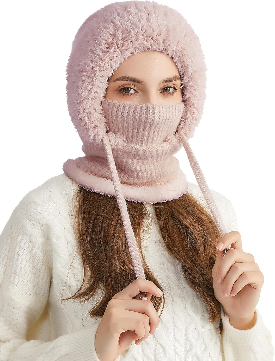 SEAUR Women's Knit One-Piece Hat with Scarf Elastic Face Mask Fleece Balaclava with Drawstring Winter Warm Ski Beanie Cap