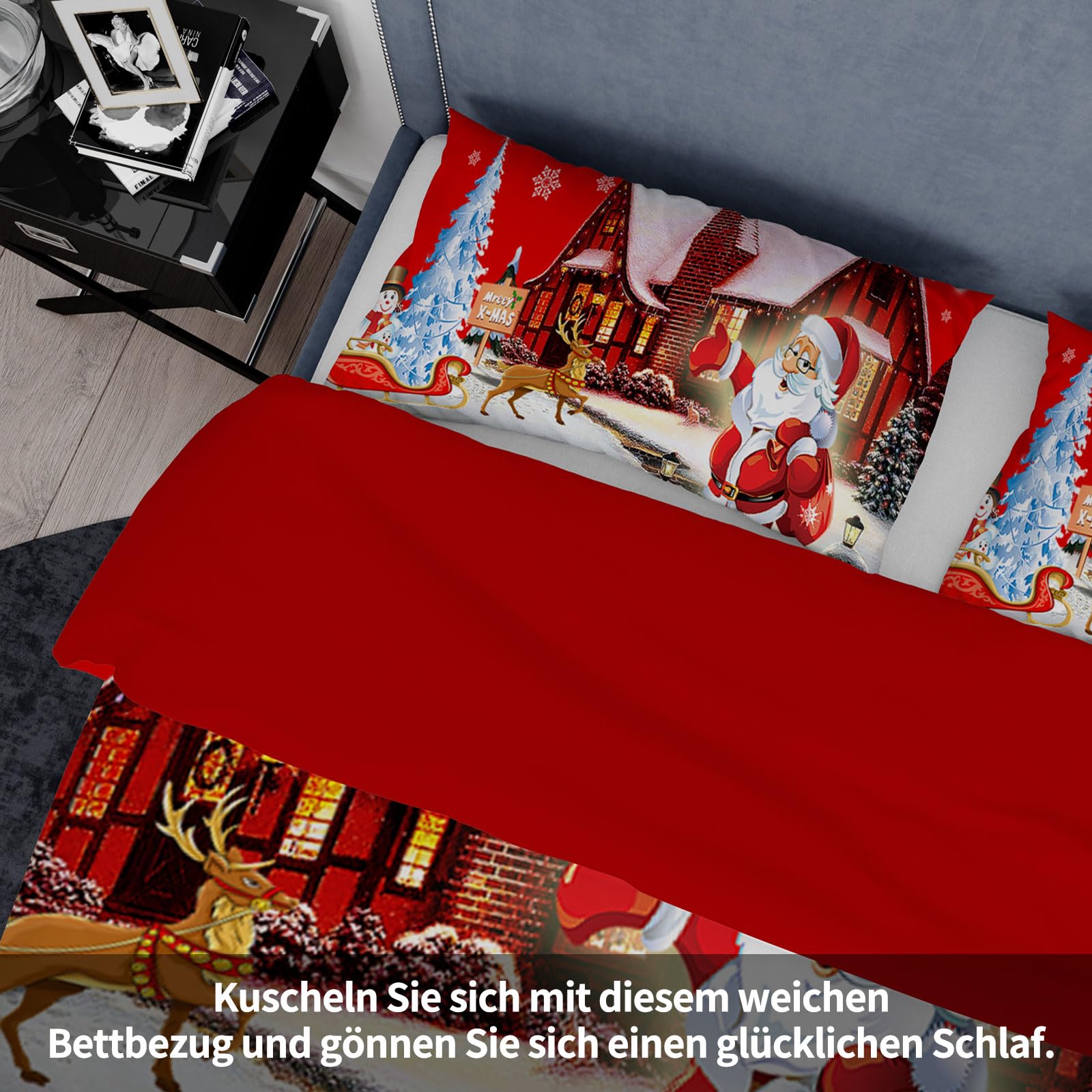 Copripiumino Natalizio Matrimoniale 200x200cm, set di biancheria da letto natalizia 3D con 2 federe, Babbo Natale, albero di Natale, cervo, regalo di Natala per bambini e adolescenti (D, 200x200cm)