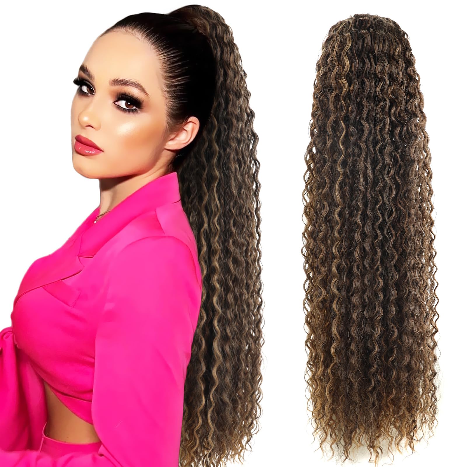 Meepo Curly Ponytail Hair Extensions Synthetic Water Wave Long Drawstring Ponytail Human Hair Feeling For Women With 2 Clips In Ombre Thick Ponytail
