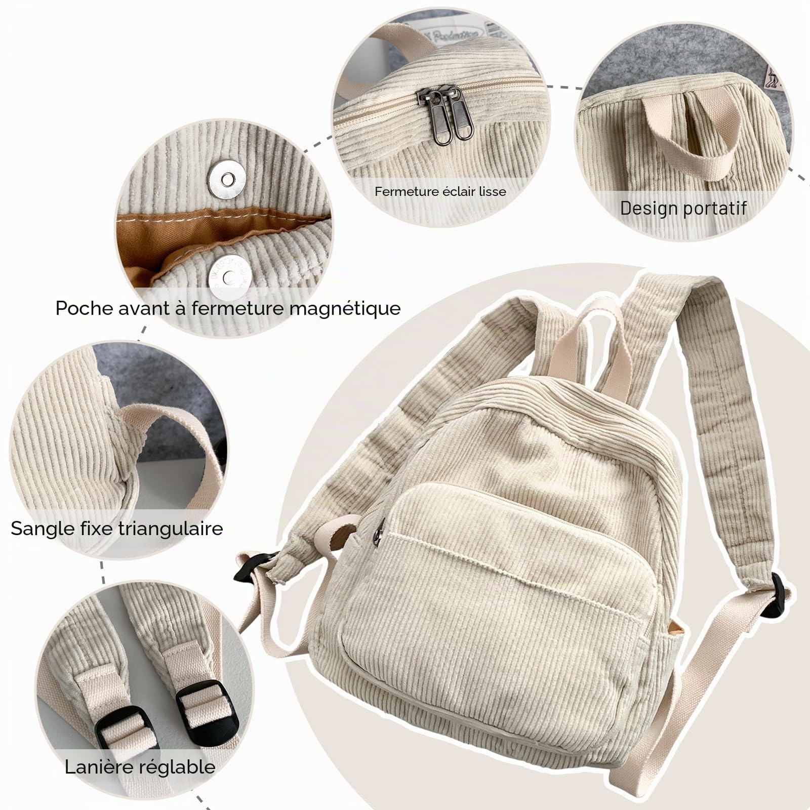Petit sac à dos en velours côtelé pour femme - Sac à dos de ville - Sac à dos en Corduroy - Sac à dos d'école pour femme et fille - Pour l'école, les voyages, le travail - Petite taille